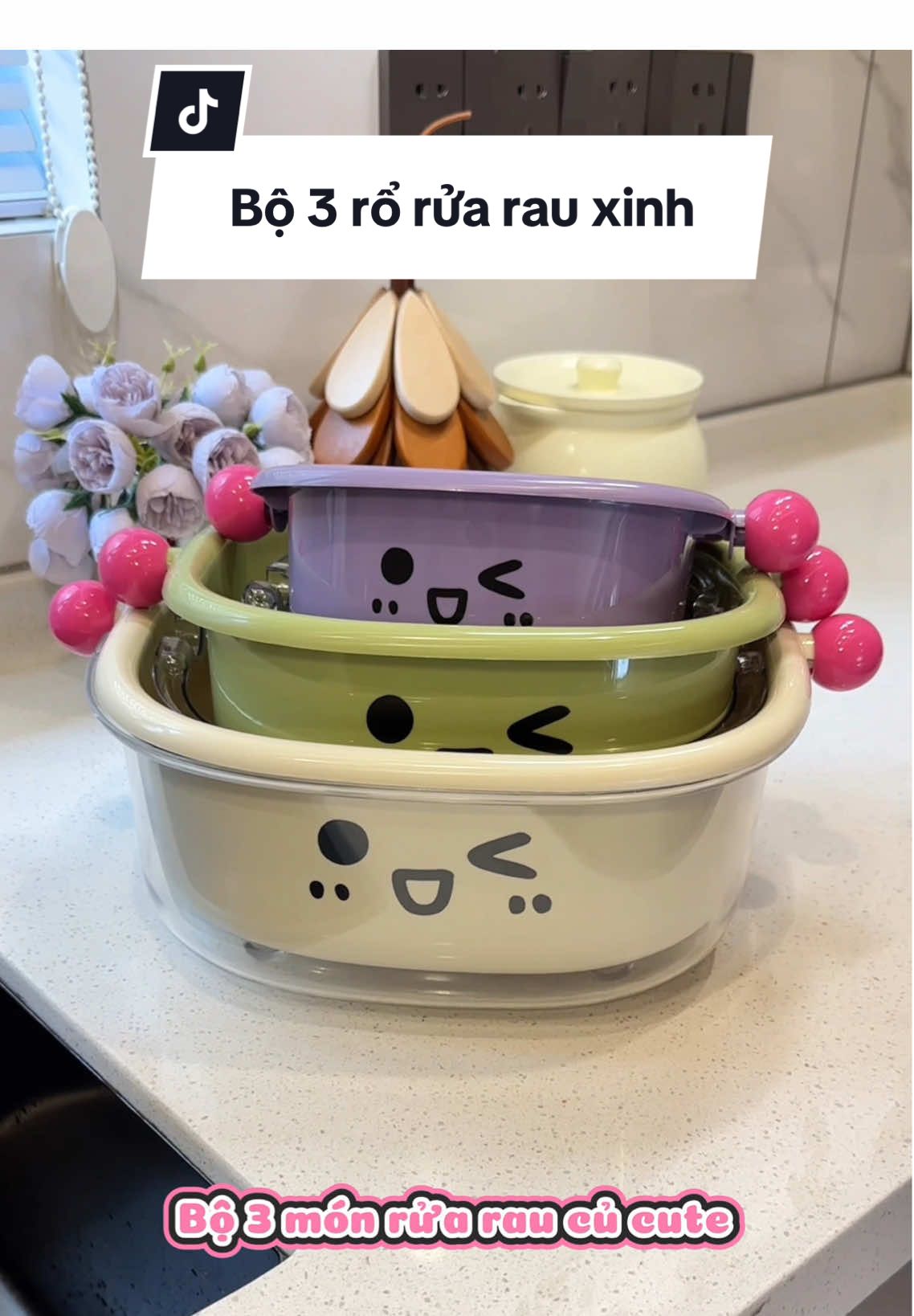 Bộ 3 rổ rửa rau cute 2 lớp tách nước  #bororuarau #bororua2lop #roruahoaqua #decorsiuxinh #giadungtienich 