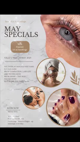 “Get pampered this May with Beautiful Beginnings! Enjoy amazing specials on nails, brows, facials & full-body massages – all at irresistible prices! Valid 2–31 May. Don’t miss out – book now with just a 50% deposit! #beauty #alberton #Newmarket #skincare #nails 