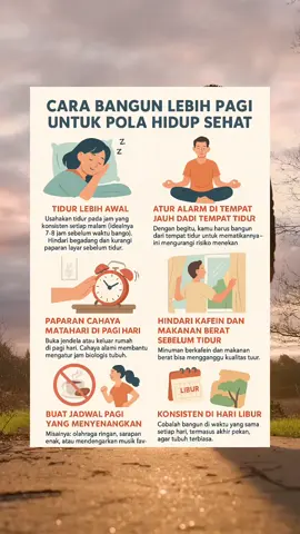 Berikut adalah beberapa cara efektif untuk bangun lebih pagi guna mendukung pola hidup sehat: 1. Tidur Lebih Awal Usahakan tidur pada jam yang konsisten setiap malam (idealnya 7–8 jam sebelum waktu bangun). Hindari begadang dan kurangi paparan layar sebelum tidur. 2. Buat Rutinitas Malam yang Menenangkan Lakukan aktivitas seperti membaca, mandi air hangat, atau meditasi ringan agar tubuh dan pikiran siap untuk tidur. 3. Atur Alarm di Tempat Jauh dari Tempat Tidur Dengan begitu, kamu harus bangun dari tempat tidur untuk mematikannya ini mengurangi risiko menekan tombol 