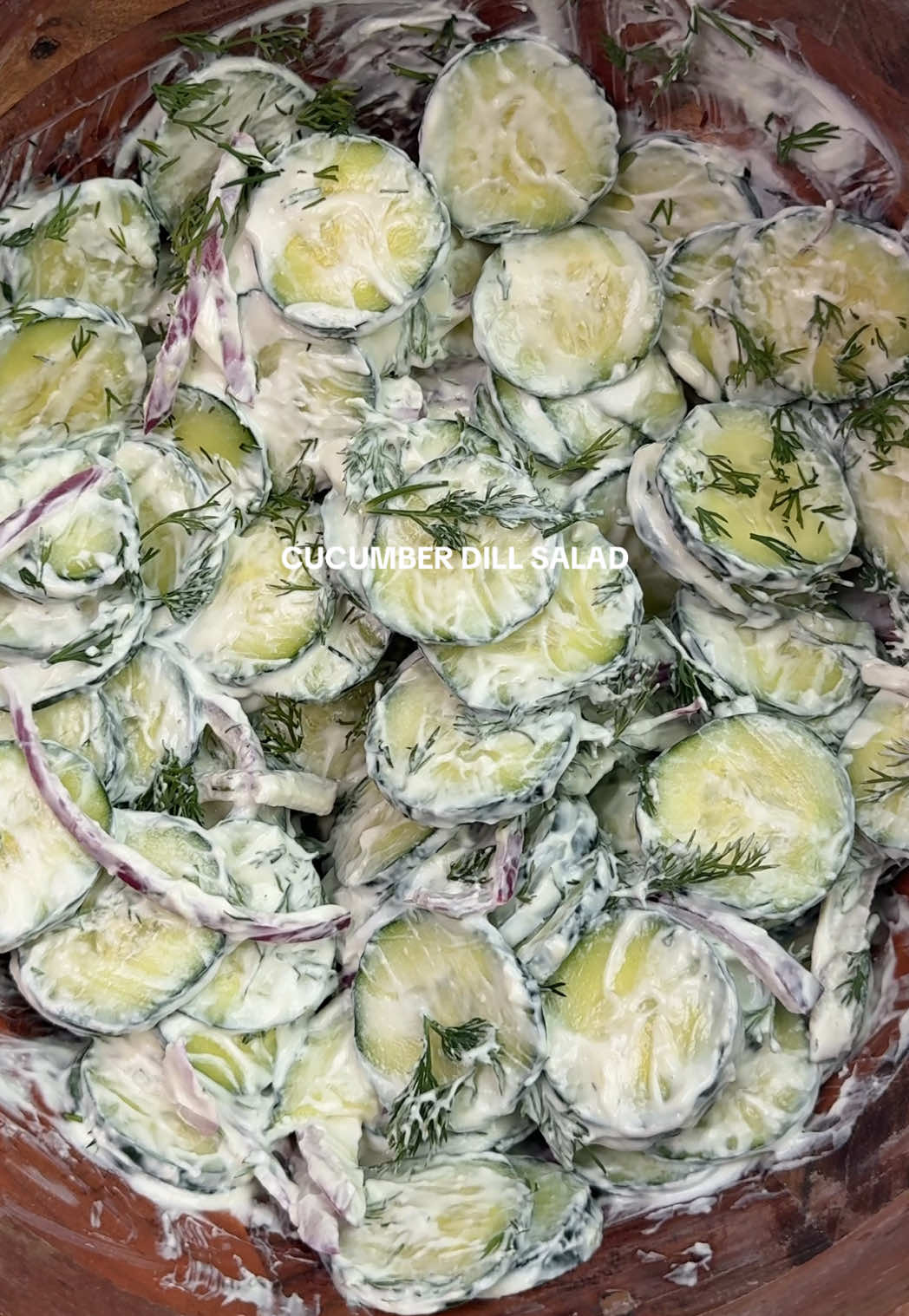 slice 3 large cucumbers, mix in 1 bunch of chopped fresh dill, 3/4 cup greek yogurt, 1/2 cup sliced red onion, juice from 2 limes, 1/2 tsp sea salt and 1 tsp garlic powder.  #cucumbersalad #saladrecipes #saladidea #cucumberrecipes #cucumberrecipe #easysaladrecipe #easysalads #easysalad #saladdinner #summersalads #refreshingsalad #summersaladseason