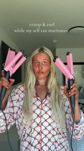 Gotta pass the time while my tan marinates! #curlinghair #crimpinghair #selftan #tanning #crimpinghair #crimpcurls 