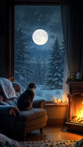Moon, snow, fire... Sometimes watching is all you need 🌕❄️🔥 #fullmoonvibes #cozynightin #snowfallaesthetic #catandfireplace #ambiancehometv