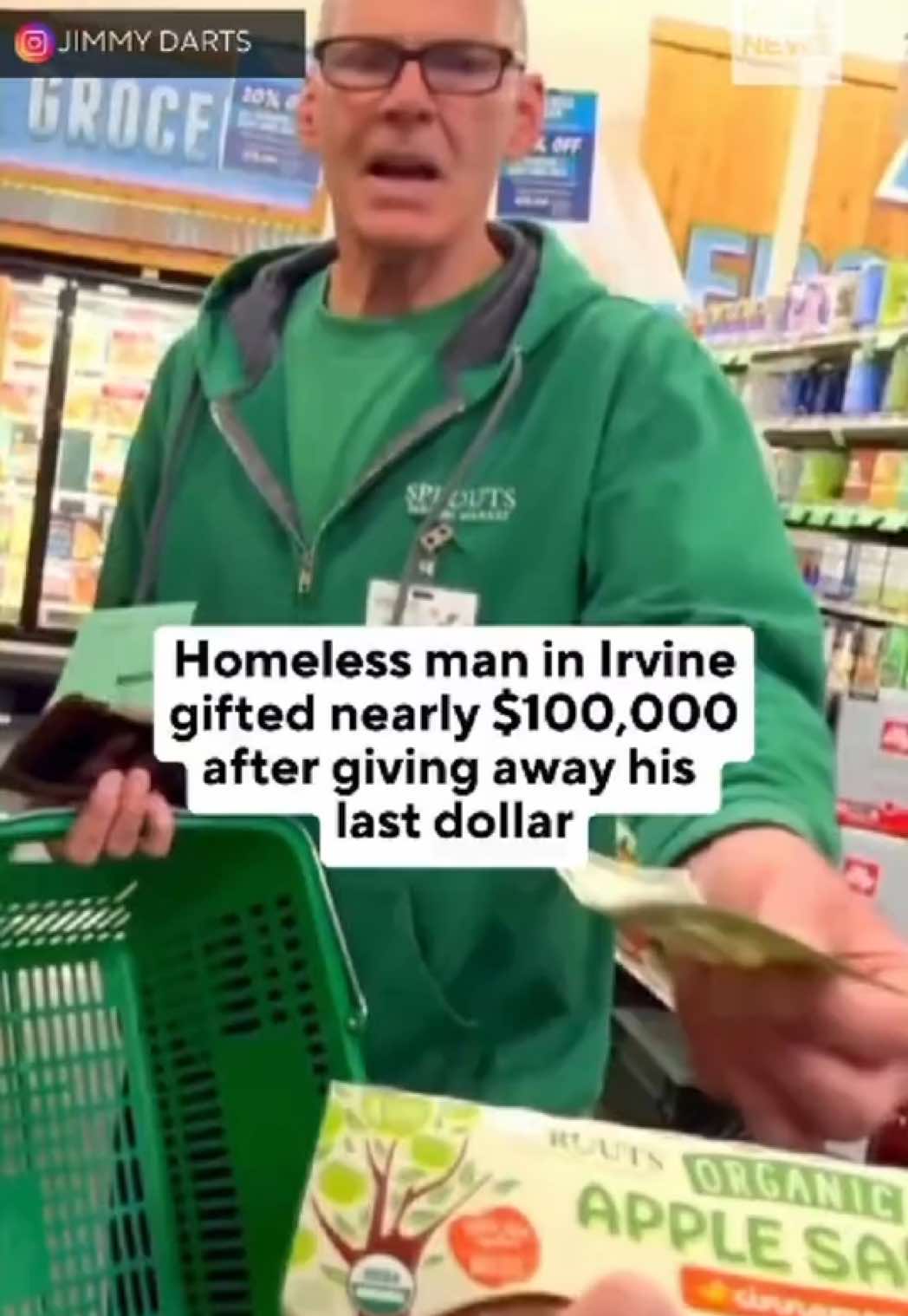 A homeless Sprouts Market employee from Irvine, California, is off the streets after social media influencer Jimmy Darts and his fanbase raised nearly $100,000 to thank him after he donated his last dollar. 