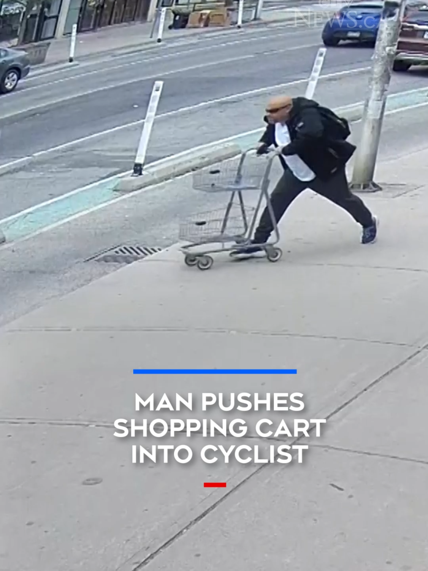 Police in Toronto say they’re investigating after a man allegedly pushed a grocery cart into a bike lane on Danforth Avenue, striking and injuring a food delivery courier on an e-bike. #toronto #cyclist #police #news #caughtoncamera