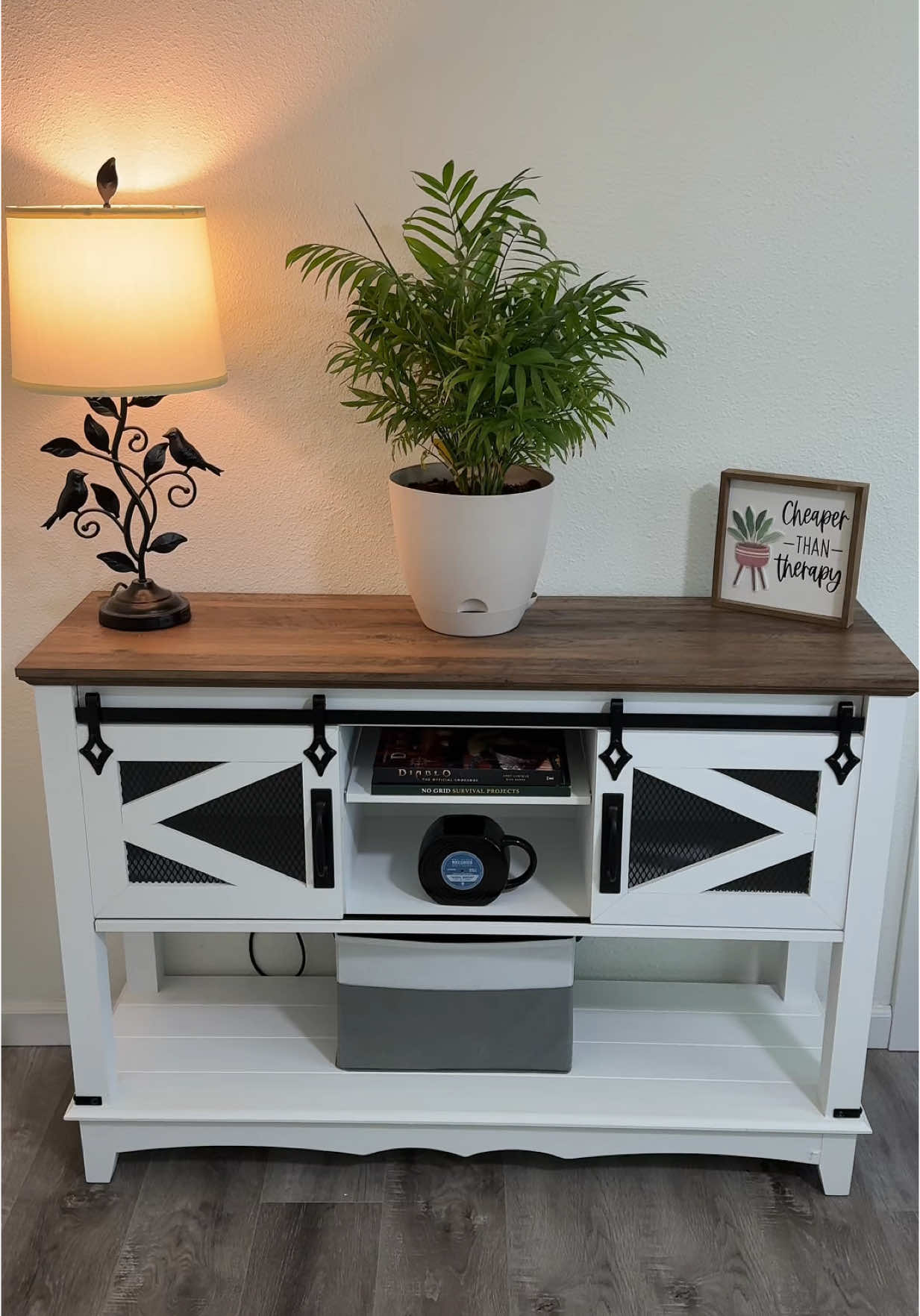 Garvee farmhouse style entryway table with sliding barn doors. #table #entryway #entrywaytable #barnstyle #farmhouse #farmhousedecor #farmhousestyle #furniture #gift #giftideas #mothersday #restock #tiktokshoprestock