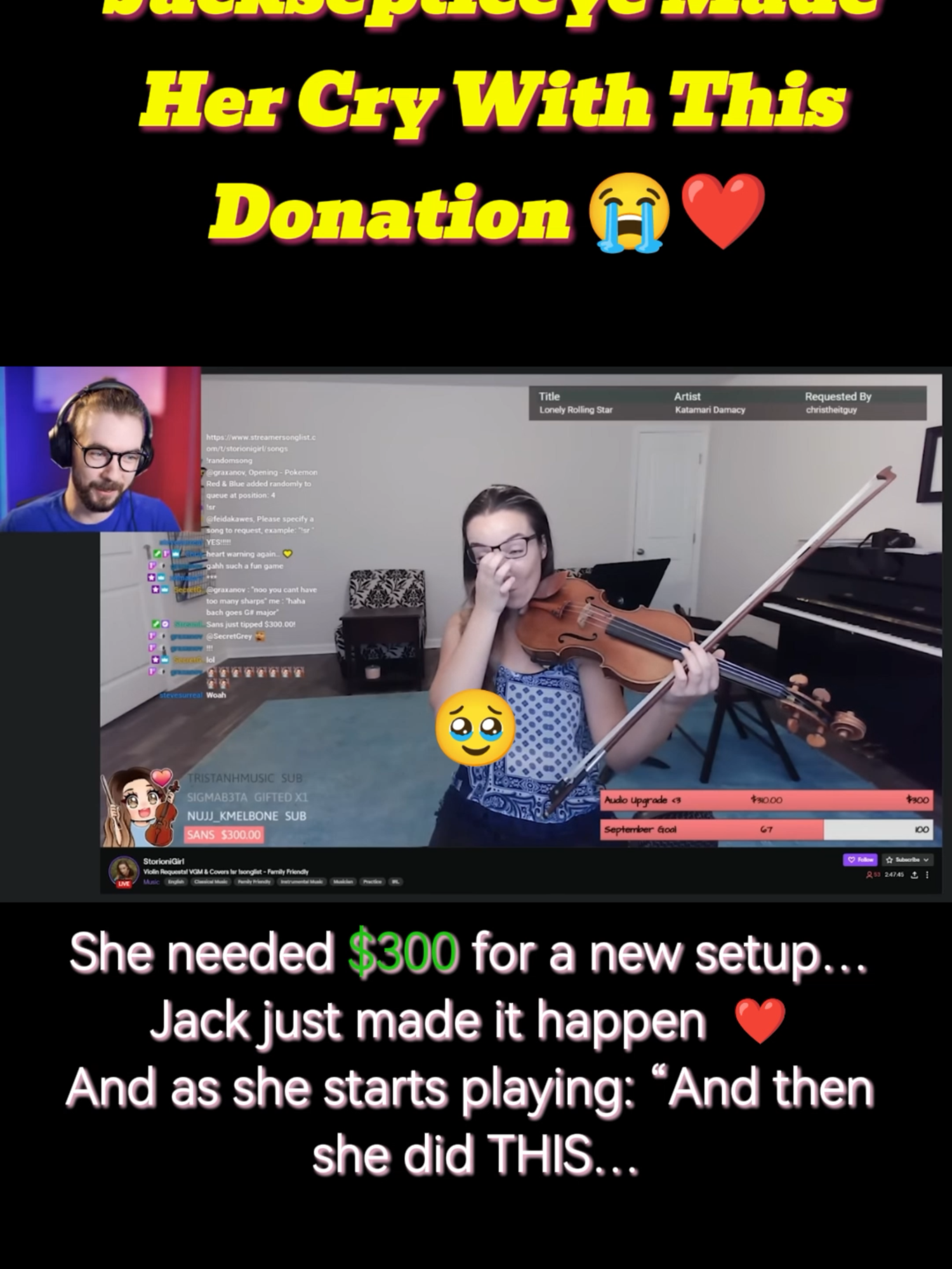 Jacksepticeye made this violinist’s day ❤️ Hit her entire goal, brought tears to her eyes, and then she absolutely crushed the request 🎻🔥 #jacksepticeye #wholesomemoments #donation #violincover #gamingmusic #wholesomeclips #reactvault #twitchmusic #streamerreaction #viralvideos #fyp #treanding