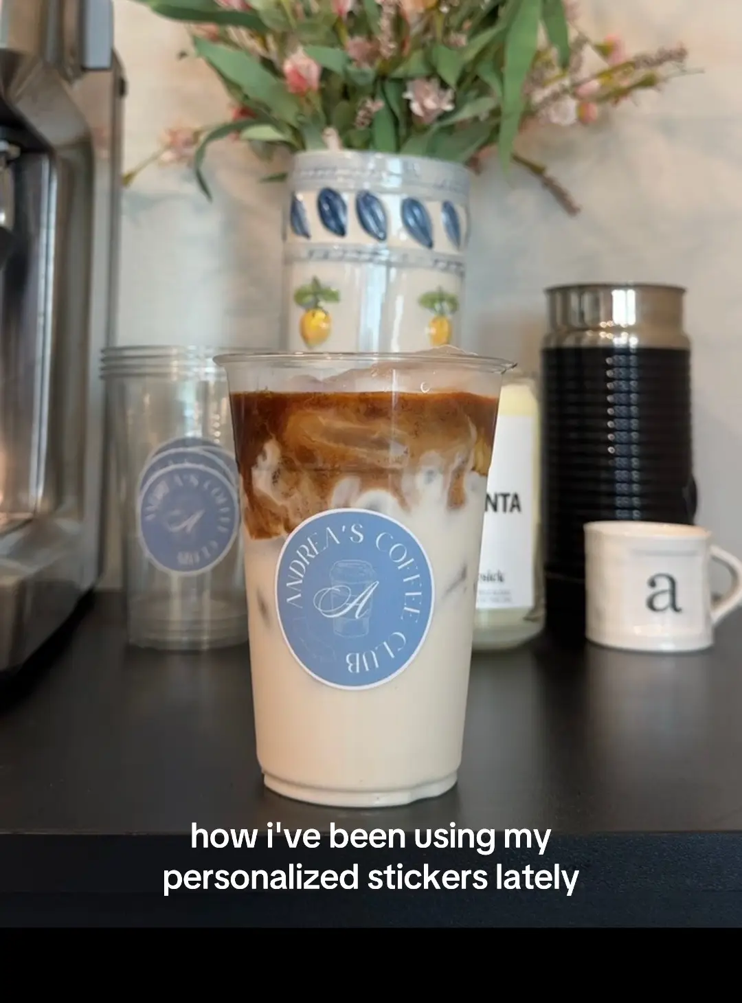 I get compliments on these stickers everytime! you can get this template in my bio on my etsy shop! I have other designs on there as well, and I can also do a custom design for you -- just message me ✨ #coffeesticker #coffeetiktok #latteart #homecafe #homecoffee #customdesign #canva #canvapro #etsy #etsyshop 