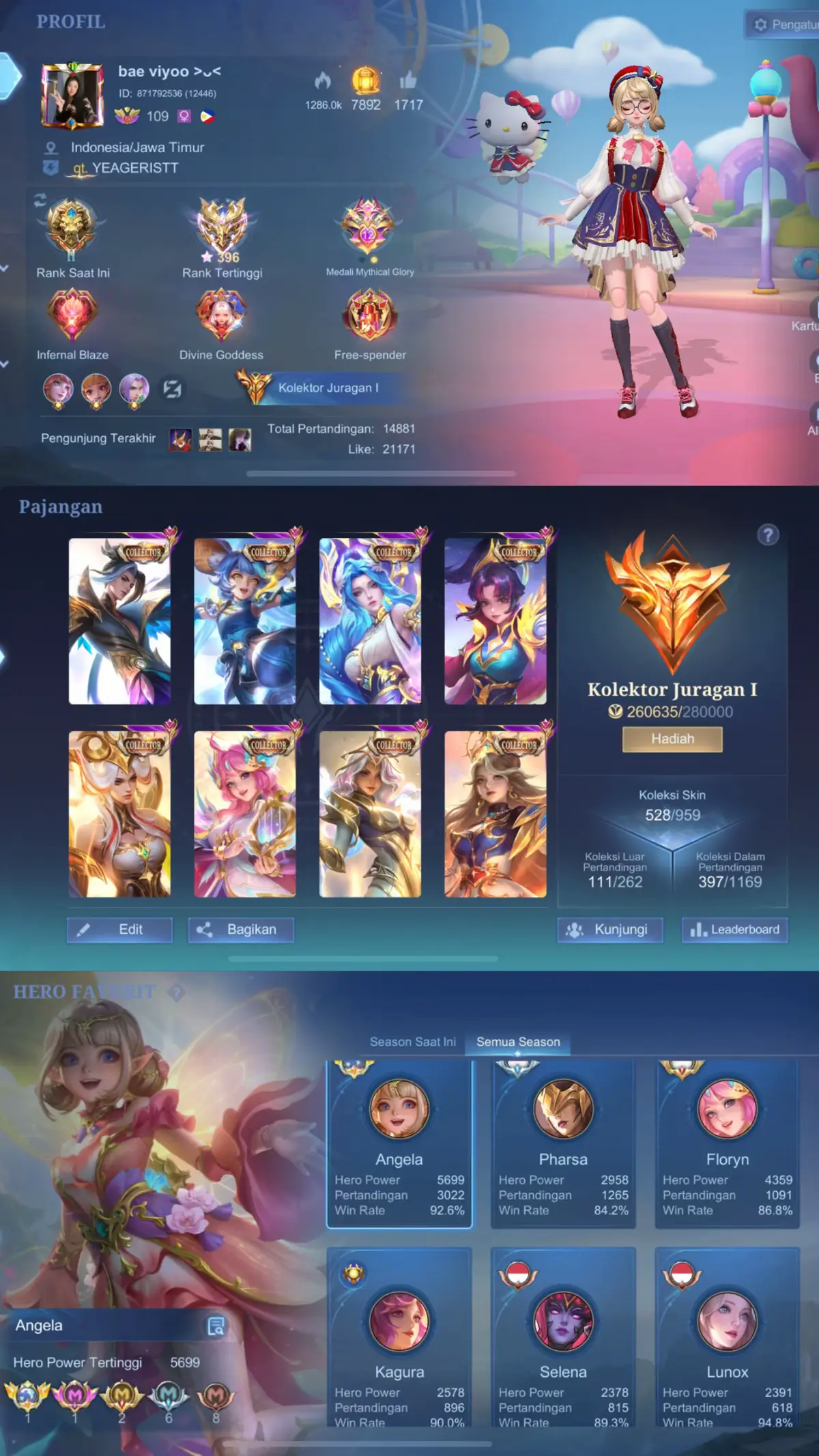 spek: 1. skin mage/supp 80% limited 2. ⁠ex 396🌟 / 4060 point 3. ⁠ex global angela 4. ⁠wr 80-90% 5. ⁠border airplane 6. ⁠akun prib cocok buat prib juga💗 #mobilelegends #mlbb 