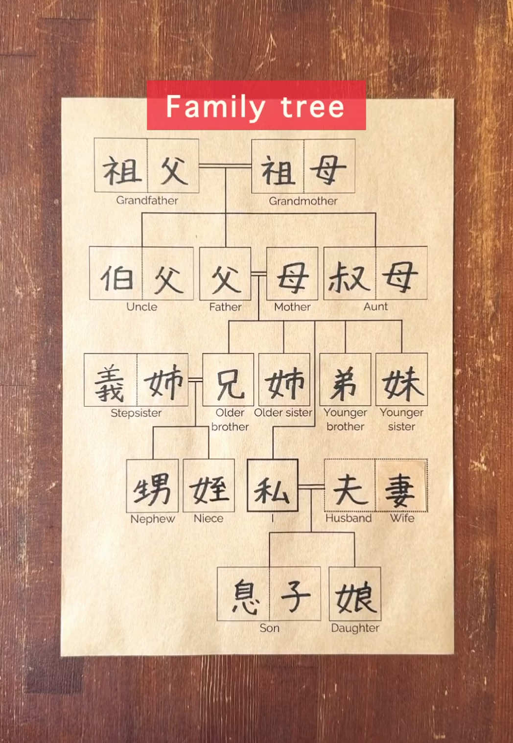 sorry ❌stepsister→⭕️sister in law😭 kanji is correct . family tree👦🏻👩🏻👨🏻👵🏻🇯🇵 . 祖父【sofu/そふ】grandfather 祖母【sobo/そぼ】grandmother 父【chichi/ちち】father 母【haha/はは】mother 伯父, 叔父【oji/おじ】uncle 伯母, 叔母【oba/おば】aunt ※伯=older/叔=younger than father/mother . 兄【ani/あに】older brother 姉【ane/あね】older sister 私【watashi/わたし】I 弟【otouto/おとうと】younger brother 妹【imouto/いもうと】younger sister 夫【otto/おっと】husband 妻【tsuma/つま】wife 息子【musuko/むすこ】son 娘【musume/むすめ】daugther . 義兄【gikei/ぎけい】brother in law (older sister’s husband) 義姉【gishi/ぎし】sister in law (older brother’s wife) 義弟【gitei/ぎてい】stepbrother (younger sister’s husband) 義妹【gimai/ぎまい】stepsister (younger brother’s wife) 甥【oi/おい】nephew 姪【mei/めい】niece . #japanese #nihongo #kanji #learnjapanese #japaneselesson #japaneselanguage #jlpt #jft 