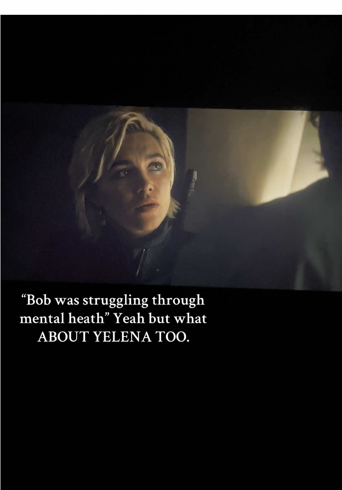 She was struggling with losing her sister and drinking. “Daddy She was just a child! she was so small..!!” “so were you” “I lost my sister through the red room but I lost my sister now forever!!” Yelena was struggling too that’s why they bonded…also why did I feel like some tension?? Like more then friends (I know she’s aro in comics but mcu is diffence just thinking) #thunderbolts #yelenabelova #buckybarnes #mentelhealth #marvel #mcu 