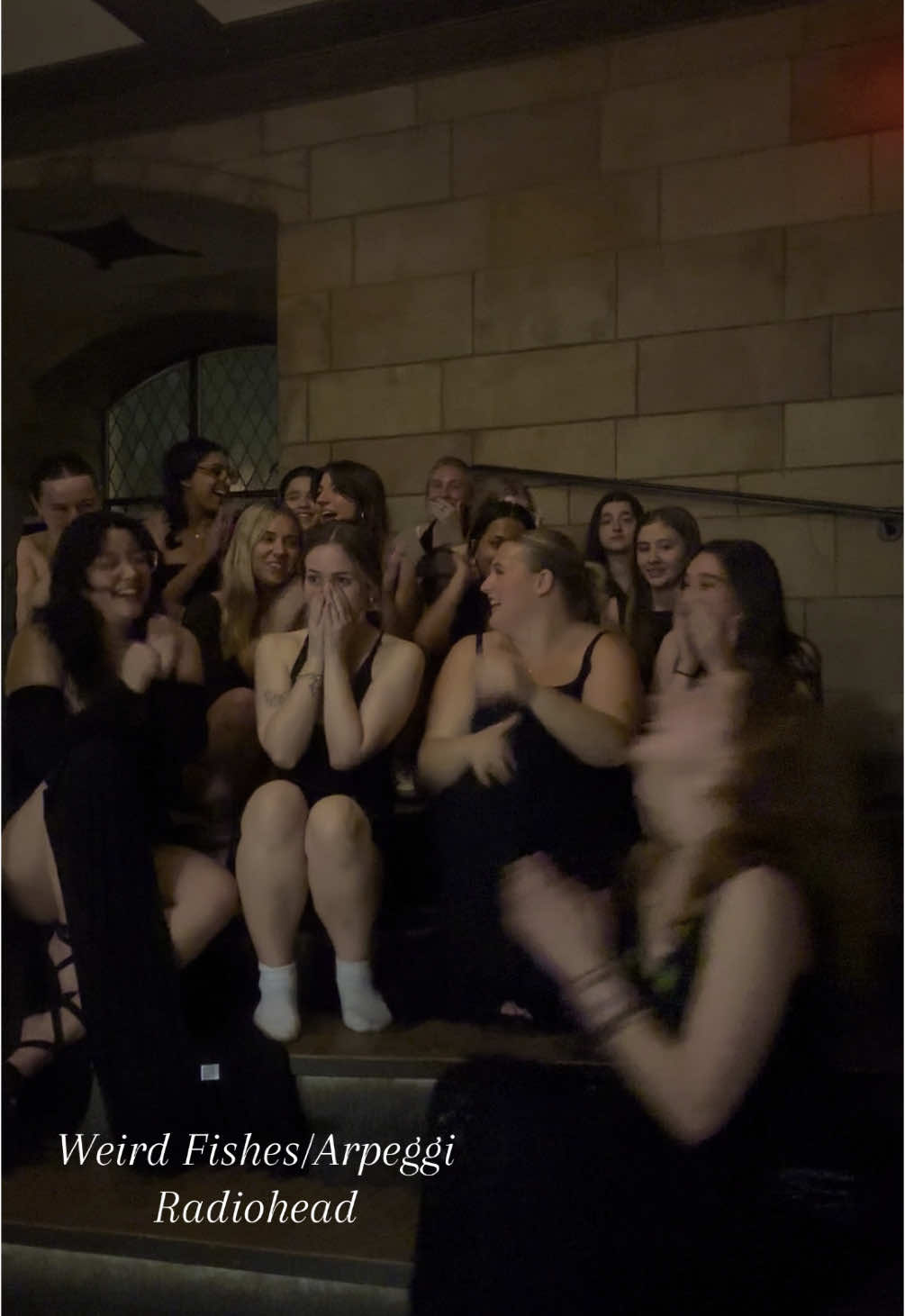 Here’s our next senior song 💖💖 Diana masterfully arranged this song that seemed impossible when we first got it. They made sure we worked hard and you can truly hear it pay off here as you see the moment of joy when we finally got it!!!! We love you so much Diana and appreciate your constant commitment to us and the music!! 🫧✨🤍🌺💫💖 SONG: Weird Fishes/Arpeggi OPB: @Radiohead  ARRANGED BY/SOLOIST: @nervousyounginhuman  #acapella #singing #seniors #fordhamuniversity #satindolls #fyp #viral 