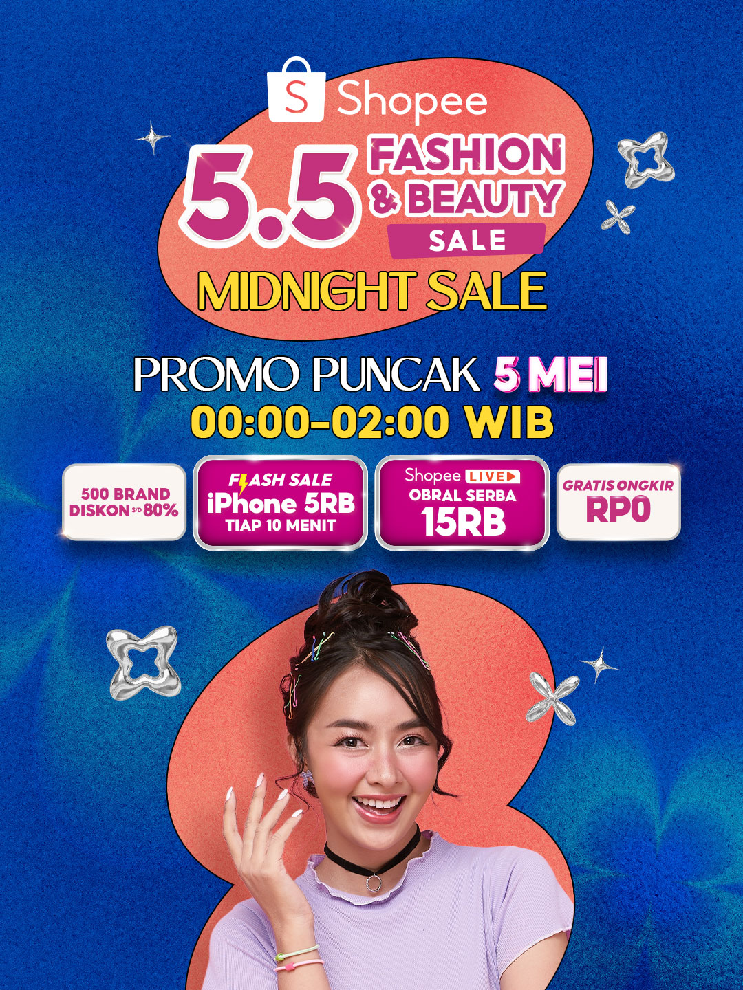 Sobat Shopee, jangan lewatkan Shopee 5.5 Fashion&Beauty Sale Midnight Sale, tanggal 5 MEI dari jam 12.00-02.00 WIB! ✨ Bakalan ada Flash Sale iPhone 5RB Tiap 10 Menit, 500 Brand Diskon s/d 80%, Shopee Live Obral Serba 15RB, Gratis Ongkir RP0 dan Pasti Dapat Diskon 12% s/d 500RB. Mantap banget kan? Yuk, pasang pengingatmu dan belanja di Shopee sekarang! 😍🎉 #CekShopeeDulu #LebihHematLebihCepatDiShopee