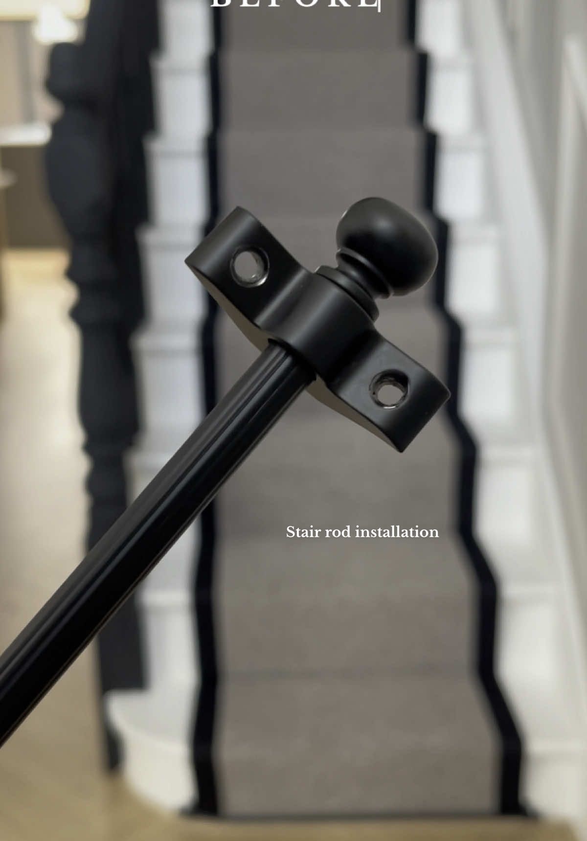 TUTORIAL | STAIR RODS  Staircase transformation pt.2  Elevating our staircase with these gorgeous stair rods couldn’t have been easier 🖤 ✔️Measure the length of the stair runner  ✔️Drill holes to attach one bracket to the stair and position the rod into place ✔️Add on the remaining bracket to the other end of the rod  ✔️Then, add the finials to complete the installation *GIFTED | Altro Lines Stair Rod with Round Bulb Finials - 900mm Length - Matt Black @IronmongeryDirect  #fyp #creatorsearchinsights #staircasemakeover #staircaserenovation #beforeandafter #transformation #staircase #stairrunner #stairrunnerideas #stairrods #gifted #collaboration #CapCut 