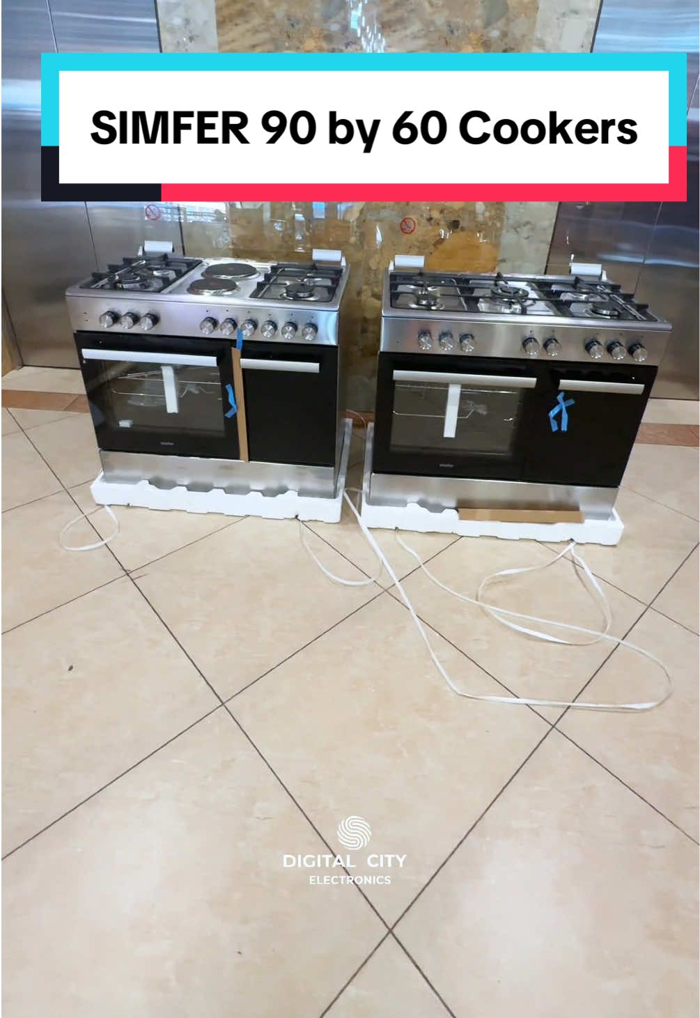 Simfer Cookers 90 by 60 5Gas Ksh.75,000 4Gas + 2E Ksh.78,000 Key Features 90x60 4 Gas+2 Electric SABAF Wok Burner Electric Oven Flame Failure Device Cast Iron 7 Oven Functions Easy-to-clean enamel panel Auto Ignition Mechanic timer Turnspit Glass Lid Double glass oven door - for enhanced ventilation Easily removable glass oven door for easy cleaning Flape Storage Compartment 1 Tray + 1 Grid Half Inox Dimensions Width (mm)	900 Depth (mm)	600  #simfercooker #simfer90by60cooker #90by60cooker #digitalcityelectronics 