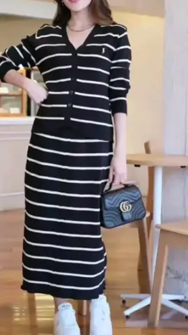 baao Embroidery Stripe Button down long sleeve top & ruffle hem garter over size skirt knitted terno #knittedterno #oversize #terno #fyp #fy #foryou 