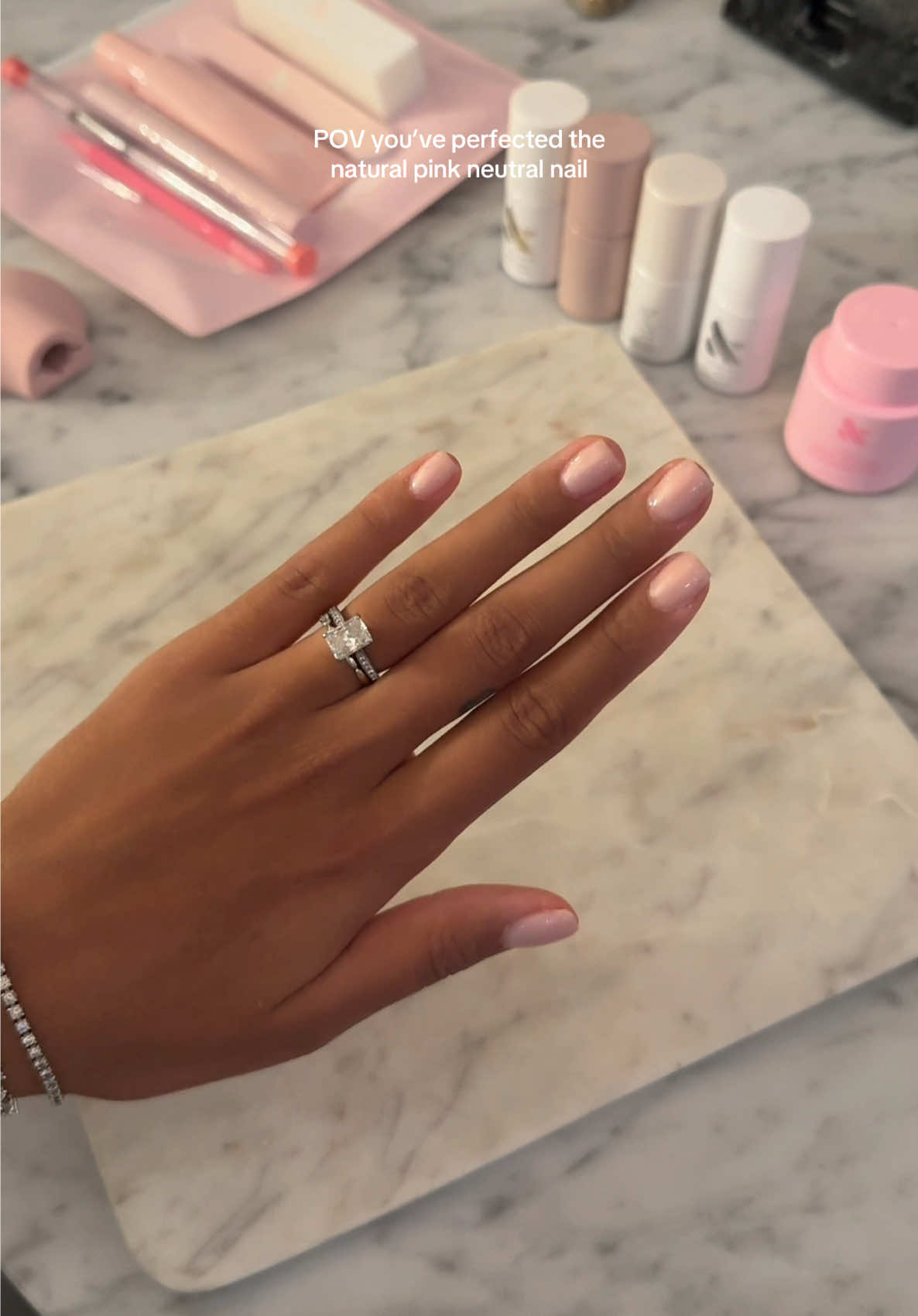 Love this at home nail kit! One coat “the queen takes her tea with milk” one coat “atlas” from the @Olive & June gel kit 🌸💕🌷🎀 #nailinspo #shortnails #squarenails #naturalnails #gelpolish #pinknails #athomenails  Natural nails inspo , short nail inspo , short square nails