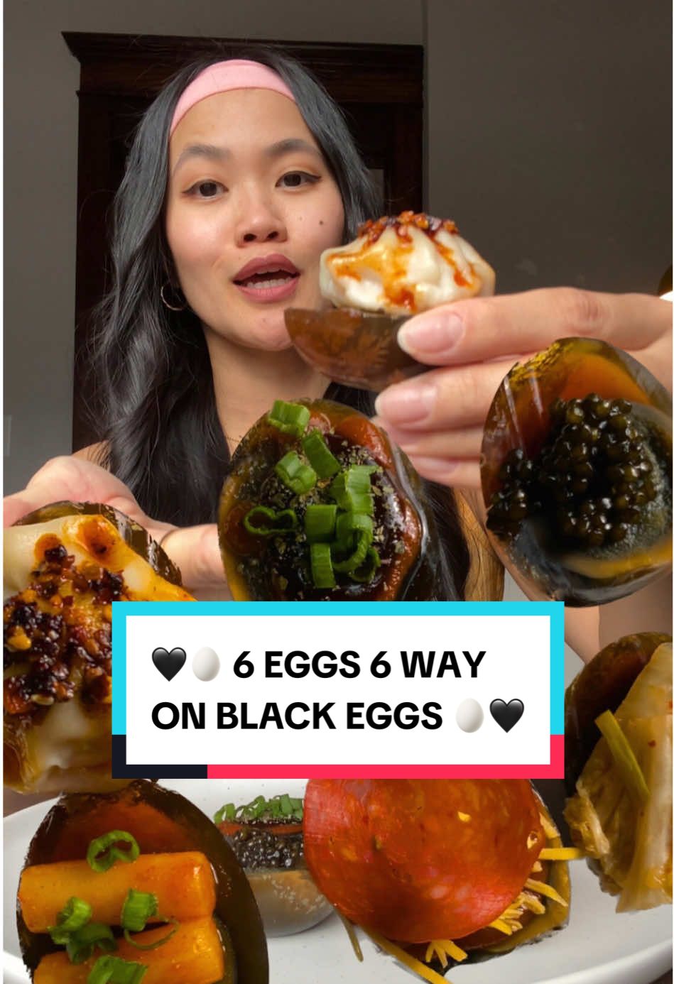here’s my 6 EGGS 6 WAYS on black century eggs 🖤🥚🖤 #6eggs6ways #centuryegg #blackegg #dumpling #topokki #pho #pizza #kimchi #caviar #eggflight #mukbang #eggs #viralfoodtrend 