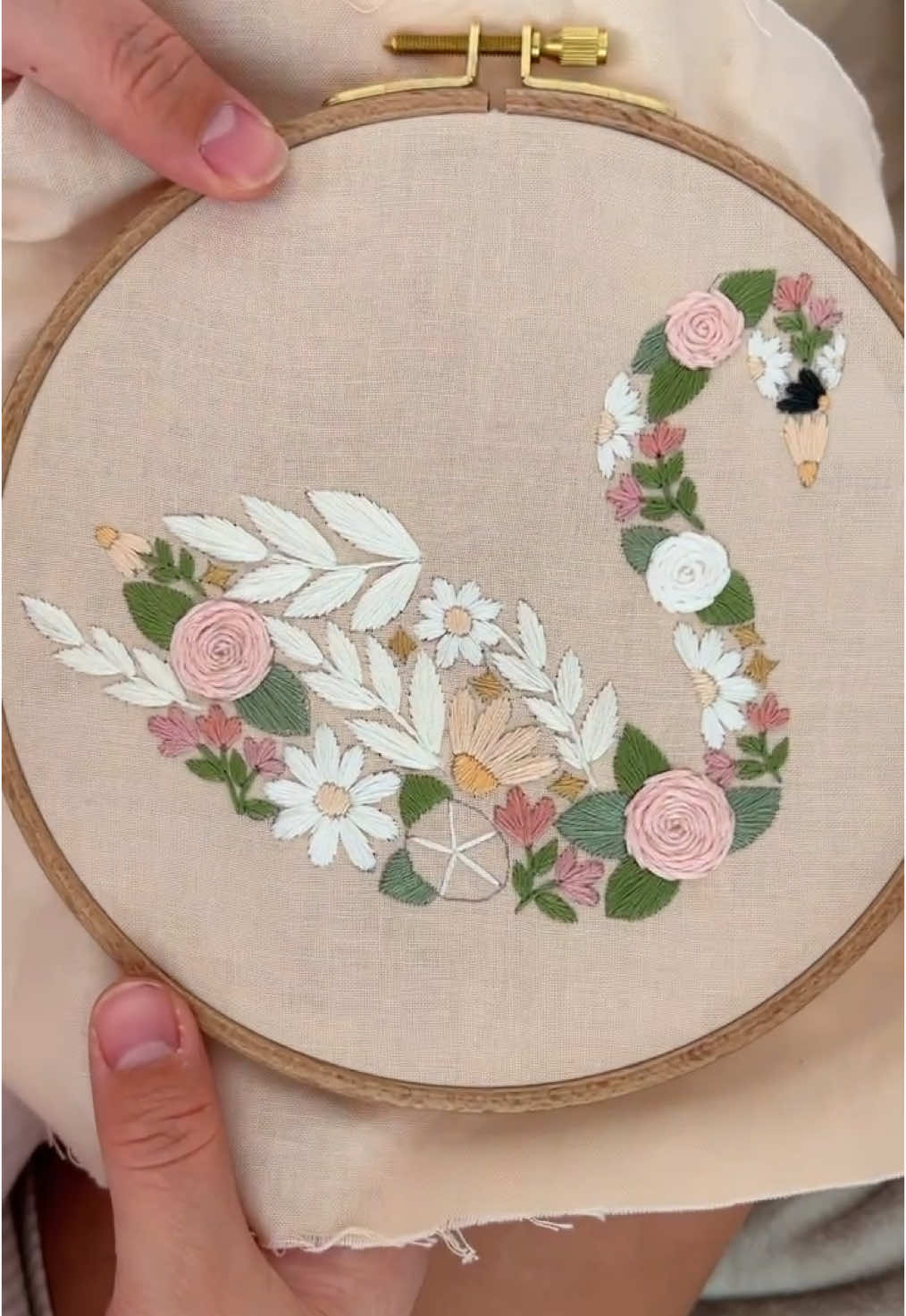 One of my fave patterns of this year so far: Soft Swan 🌸💗 Stitched out of all the soft pastels, vibrant greens and creamy whites, this pattern is the perfect artwork for any cottage core, fairy cottage, English lovers home! You can find it in my shop to stitch - linked in my bio or search By Aly Ploof on Etsy 🦢 #swan #cottagecore  #embroiderypattern #shopsmallbusiness #fairytale 