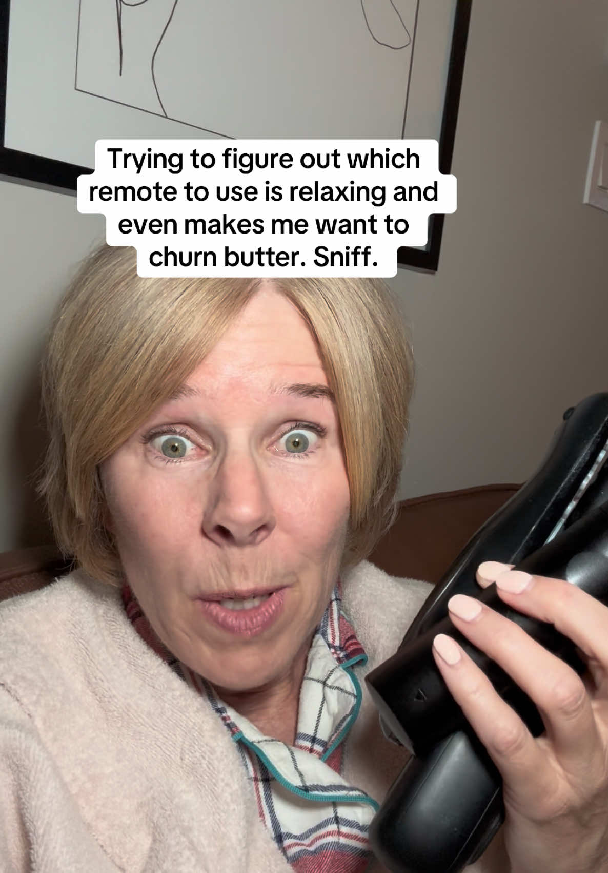 It’s a blessing to have 17 remote controls for one television. I love how it keeps my brain sharp. Sniff.#funnyvid #comediansoftiktok #relatablecomedy #comedyreel #interiordesigner #funny #tv #midlifewomen #netflix #remotecontrol #facial @Apple TV @Netflix 