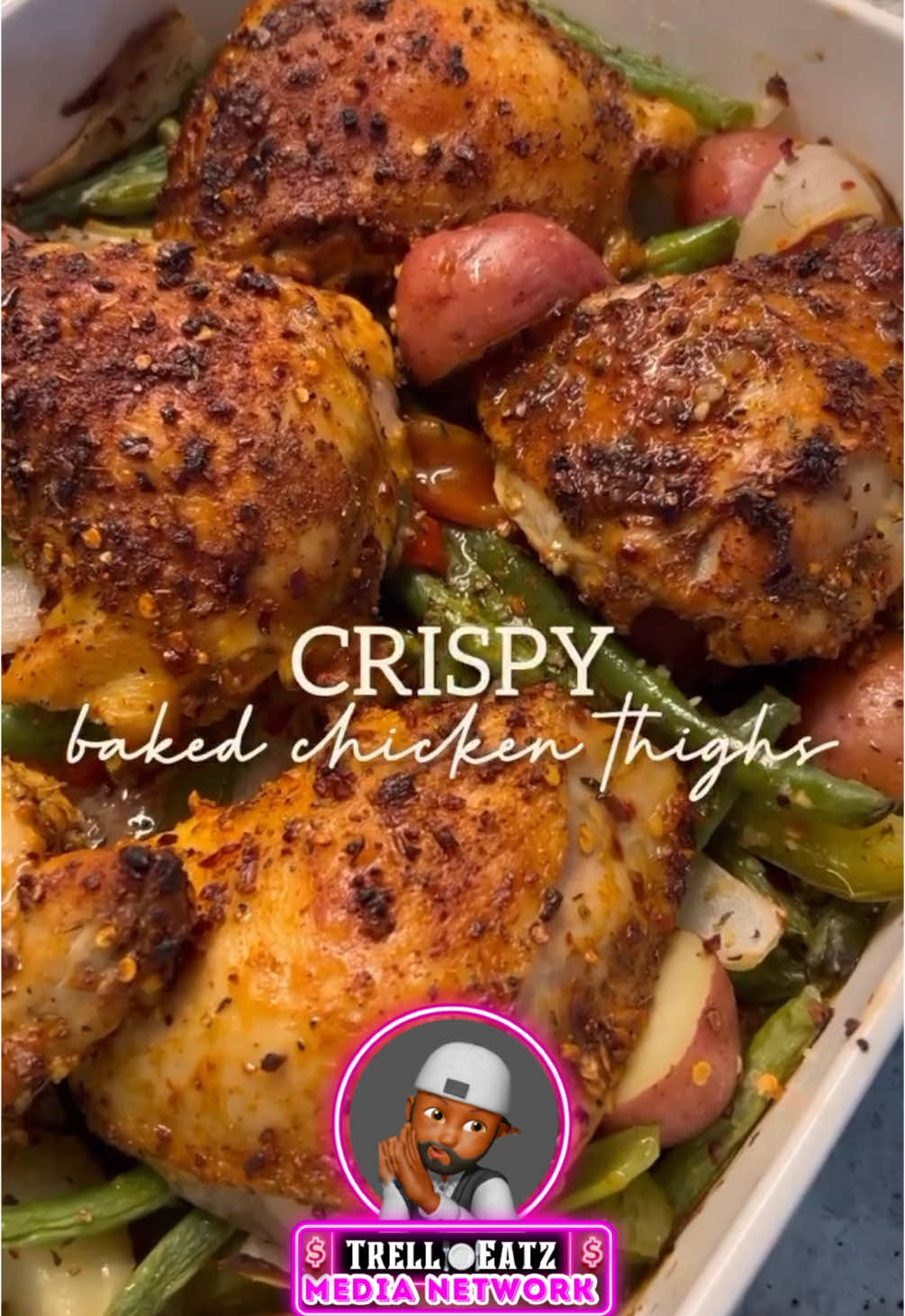 CRISPY OVEN BAKED CHICKEN THIGHS & VEGGIES This comfort food classic from the talented @britscookin is an easy weeknight winner. Juicy chicken, tender veggies, and bold flavor all in one pan. Show her some love and follow for more amazing meals! Ingredients: 6 bone-in, skin-on chicken thighs 🍗 2 tbsp olive oil 🫒 1–2 tbsp @britscookin's garlic & herb seasoning 🌿 1 tsp lemon pepper 🍋 1 tsp paprika 🌶️ Veggies: 1½ cups green beans, trimmed 🟢 1 small onion, sliced 🧅 1 bell pepper, chopped 🫑 1 lb baby potatoes, halved 🥔 (Sub in or add broccoli, carrots, or any veggie you like) Base: ½ cup chicken broth 🍗 1 tbsp all-purpose flour Salt & pepper to taste 🧂 Instructions: Preheat oven to 425°F 🔥 Pat chicken dry, drizzle with olive oil, and season with garlic & herb seasoning, lemon pepper, and paprika. Add veggies to a 13x9 dish. Season with salt & pepper. Pour in broth and sprinkle flour. Toss to coat evenly. Lay seasoned chicken on top of veggies, covering as much as possible. Bake uncovered for 45 min or until chicken is cooked and skin is golden. Serve with mashed potatoes, mac & cheese, or rice! Follow @TrellEatz and @foodlovernetwork on YouTube for more daily drops straight from the culture. Big shoutout to @britscookin — go follow her for more comfort food that goes crazy! #EasyRecipes 