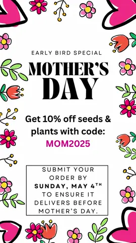 🌸 Mom deserves a gift that keeps on growing! 🌱 From now through Sun 5/4, use code MOM2025 for 10 % off seeds and plants — just in time to arrive before Mother’s Day. ✨ Gift ideas she’ll love: • Seasonal Seed Club – surprise seed mail all year long 🌿 • Themed Seed Collections – curated envelopes for cut-flower bouquets, kitchen herbs, or butterfly gardens 🦋 • Live Edible Plants – Shampoo Ginger for spa-worthy suds, ‘Wonderful’ Pomegranate bursting with ruby fruit, and sweet, patio-friendly Figs 🍑 Submit your order on my website WWW.JERRASGARDEN.COM by Sunday, May 4th to ensure it is delivered before Mother's Day. #MothersDayGifts #GardenGifts #SeedClub #PlantMom #GardenDeals #JerraSGarden