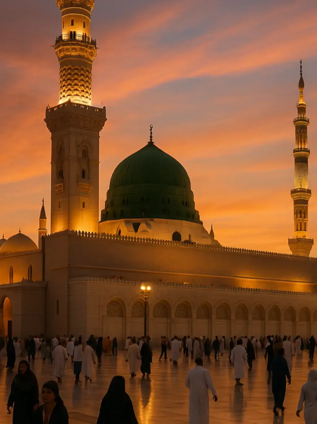 This image captures the majestic beauty of Masjid al-Nabawi, the Prophet's Mosque, located in the holy city of Madina. The iconic green dome marks the resting place of the Prophet Muhammad (PBUH). Surrounded by elegant minarets, the mosque's stunning architecture is illuminated under a clear blue sky. The expansive marble courtyard reflects the soft sunlight, creating a serene and spiritual atmosphere. Pilgrims are seen peacefully walking and praying, symbolizing the unity and devotion of Muslims from around the world. This sacred site is not only an architectural masterpiece but also a place of deep reverence and tranquility. #unfrezzmyaccount #viral #unfrezzmyaccount #viral #treding #naatstatus #mashallah #foryou #unfreez