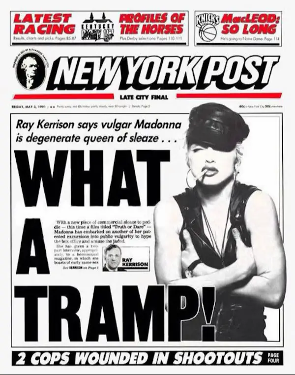 Today in Madonna history on May 3, 1991, the New York Post ran its now-infamous front page declaring “WHAT A TRAMP!” in response to her Truth or Dare documentary. At the time, critics like Ray Kerrison attacked Madonna’s bold sexuality and control over her image—but in hindsight, this cover stands as a snapshot of how threatened the media was by a powerful woman owning her narrative. Truth or Dare would go on to break box office records for a documentary and inspire generations of artists to blur the lines between performance, identity, and truth. #todayinmadonnahistory #truthordare #madonna #queenofpop #mdna #mlvc #madonnafans #madonnafamily #onthisday #madonnaforever #newyorkpost #90smadonna #1990s
