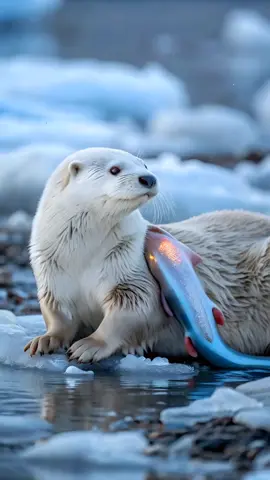 A large white Arctic otter, injured and weakened by a horrific flesh-burrowing ice leech — semi-transparent blue, pulsing veins, small hooks embedded in its side. A brave little polar bear cub with soft white fur and wide black eyes. An old Viking man, big white beard, muscular build, dressed in warm layered Arctic gear with fur cloak and leather arm bracers — lives alone in a wooden hut or camp. #parasite #arctic #arcticadventures #rescue #oldman 
