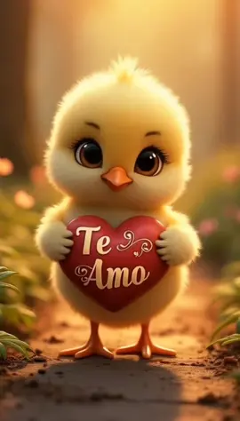 A cute fluffy baby chick with large shiny eyes, holding a glowing heart that says 