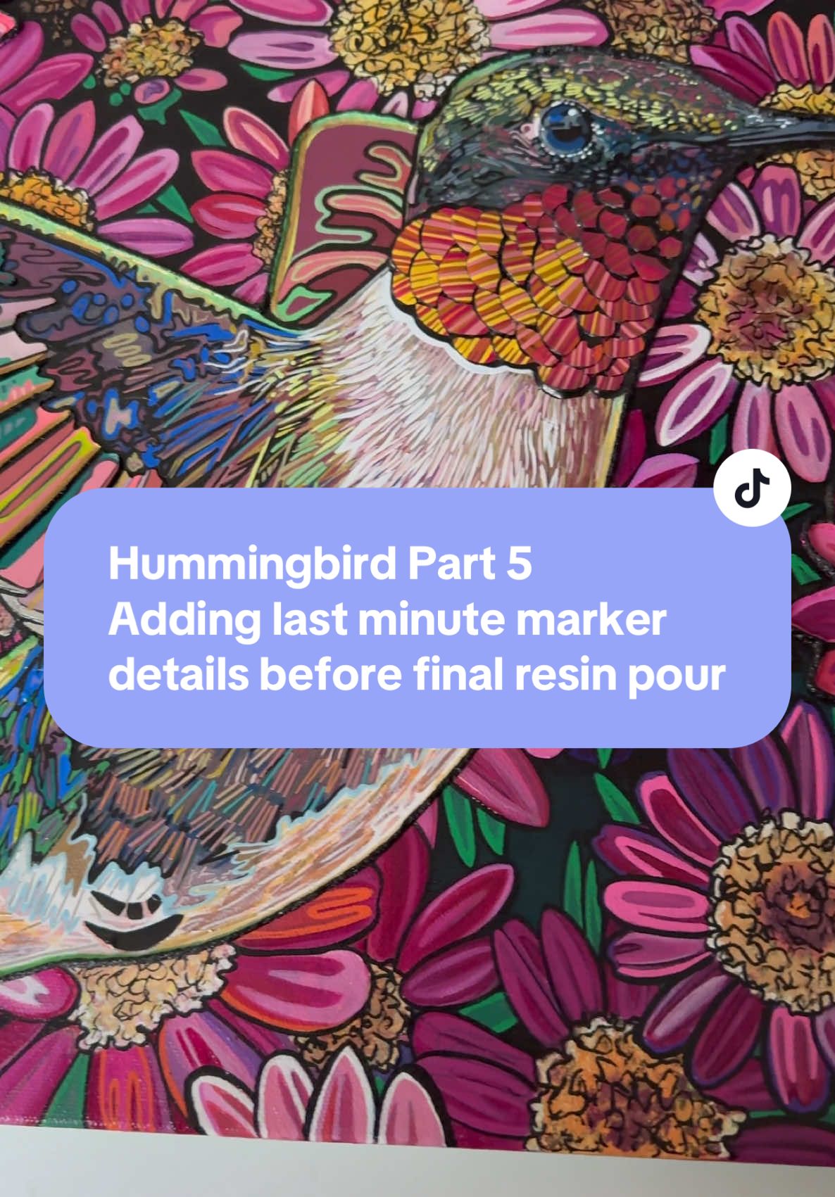 Adding last minute marker details before final resin pour This painting is finished and ready to ship to her new home. I’m just playing catch up on my videos. So expect  a few more videos of this one this week of both the hummingbird and the butterfly. I will immediately start working on the horses, alligator and crow/raven after these :) #acrylicpaintmarkers #acrylicmarkers #hummingbird #bird #birdart #animalart #art #artwork #artist #kellydayart 