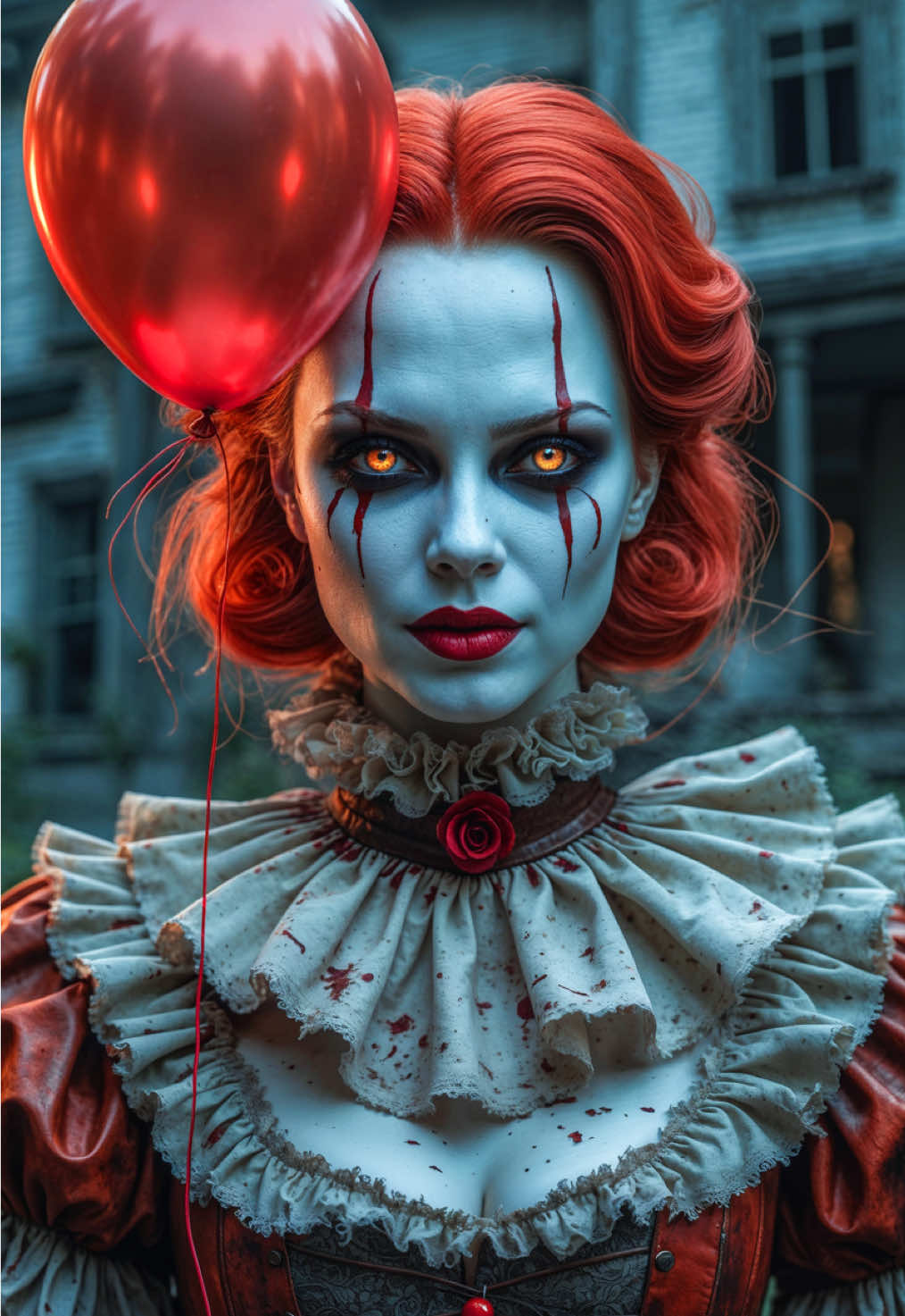 Pennywife🎈 _ AI animated artwork of an eerie woman clown holding a red balloon. _ Like, Share & Follow for more AI art animations. Daily drops. _ #aiart #digitalart #aianimation #klingai #characterdesign #characterart #femalecharacter #clown #eerieart 