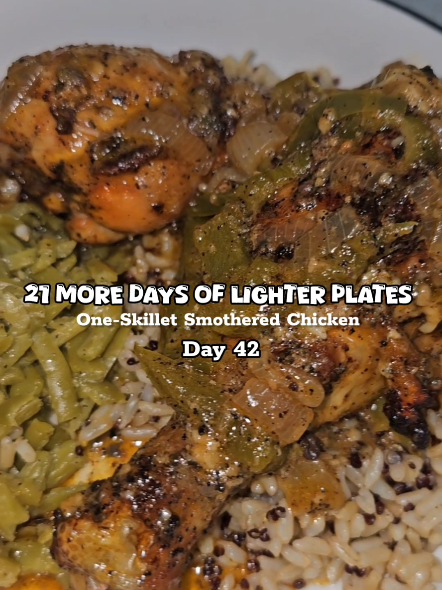 Smothered Drumsticks, Done Lighter! We’re closing out 21 More Days of Lighter Plates the right way, with a skillet full of bold, rich flavor... minus the heavy flour, tons of butter, and the carb overload you normally find in smothered dishes! Instead of thick gravies and cream sauces, I kept it lighter by using seasoned chicken broth, a touch of garlic lemon butter, and all those caramelized onions and peppers because it's all about eating well without feeling weighed down. Now that this series is officially a wrap, I’d love to hear from you! What kind of series should I kick off next? Still want to keep it healthy with low-carb, high-protein meals..... but what vibe are you feeling? Drop your ideas below and let’s keep the flavor train rolling! 👇🏾👇🏾 What you'll need: • 6–8 chicken drumsticks • 2 tbsp garlic lemon butter (or butter + lemon + minced garlic) • 1/2 red onion, sliced • 1–2 bell peppers, sliced • 1/2 tsp smoked paprika • 1/2 tsp Cajun seasoning (or your favorite all-purpose seasoning) • Salt and pepper to taste • 1/4 cup chicken broth • Olive oil spray or 1 tbsp olive oil What to do: • Preheat your oven to 400°F. • Clean and pat the drumsticks dry and season with salt, pepper, smoked paprika, and Cajun seasoning. • In cast iron skillet, heat olive oil over medium-high heat. • Sear the drumsticks on all sides until golden brown (about 6–8 minutes total). Remove the drumsticks and set aside briefly. • In the same skillet, melt the garlic lemon butter. • Add the sliced onions and bell peppers, sauté for about 3–4 minutes until softened and fragrant. • Deglaze the skillet by pouring in the chicken broth, scraping up any browned bits — this will form a light, flavorful 