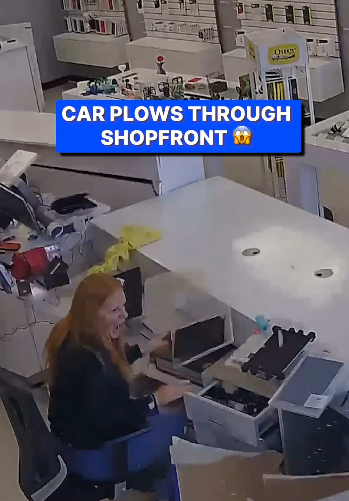 The terrifying moment a car plowed through a phone repair store in Alberta was captured on security cameras as workers desperately ran from the destroyed shopfront. 🎥 Bryce Schutte/Phonephix via Storyful #news #alberta #driving #okotoks 
