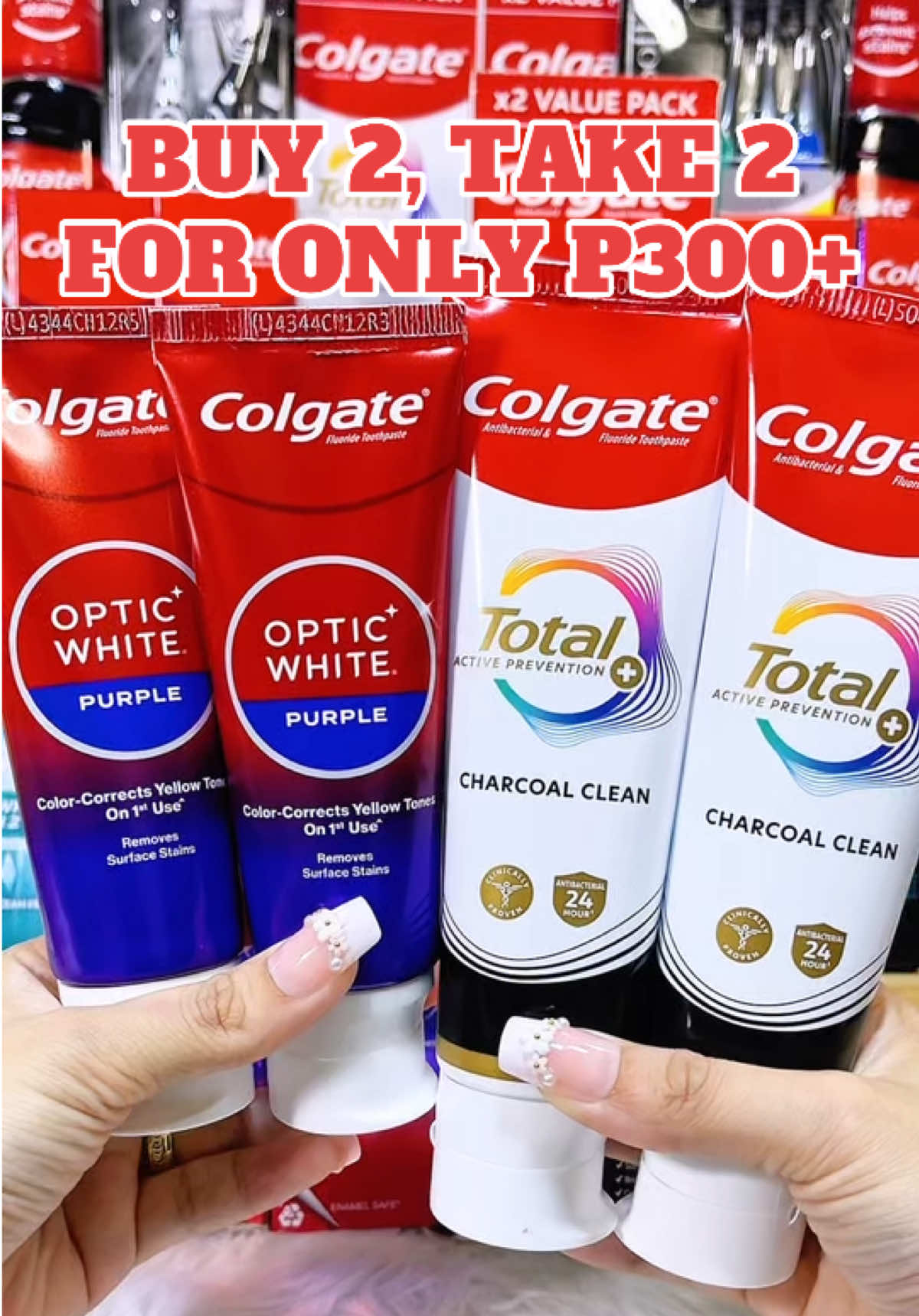 ONGOING SALE ng Colgate!! Napakamura naman! Buy 2 take 2 Optic White Purple + Charcoal Clean!  😍🎉 Go and grab nyo na! Mas mura to kesa sa groceries! #colgate #colgateopticwhite #opticwhitepurple #charcoal #charcoalclean 
