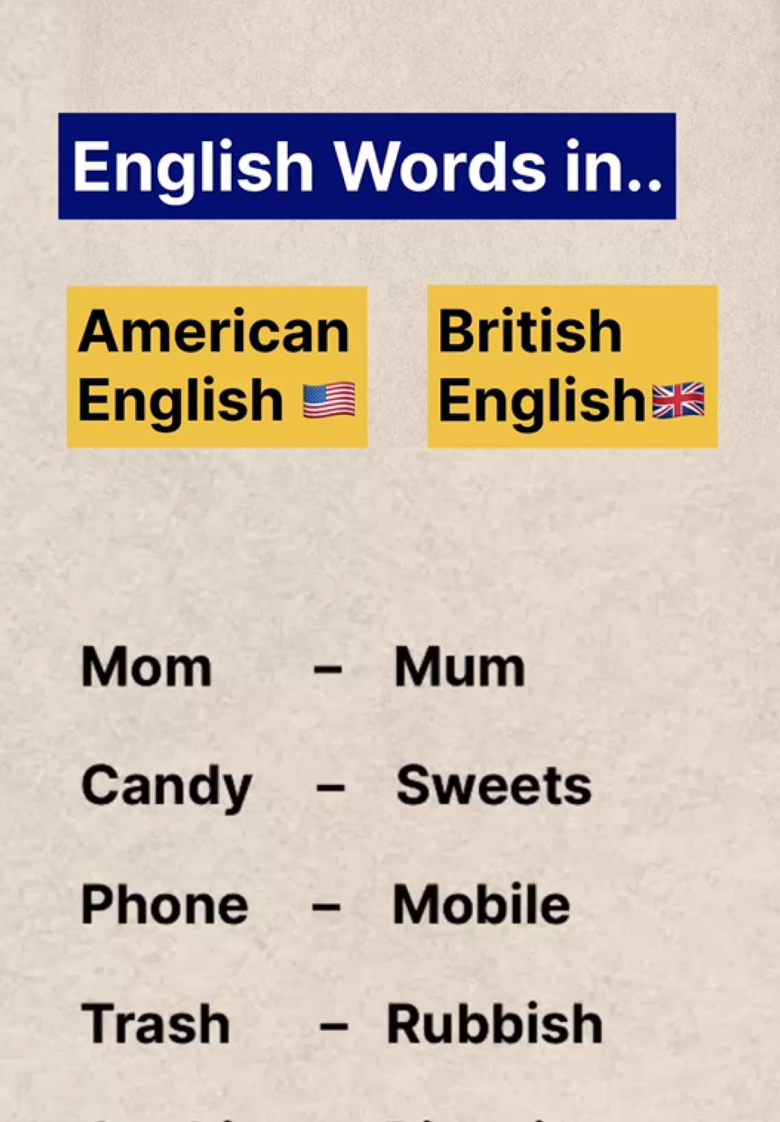 English words in American English and British English. Imrove you English skills.#english #englishlanguage #LearnOnTikTok #englishlesson #englishteacher #american #english #british #english #fybシ #englishlearning 
