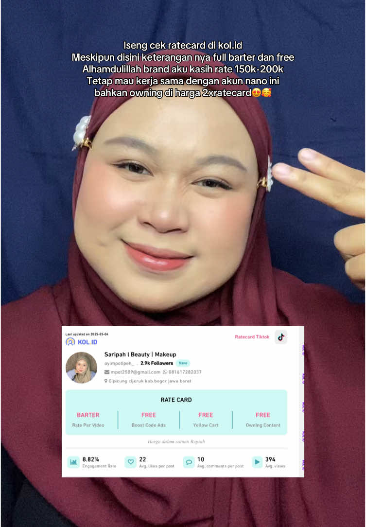Kaget sama hasil ratecard bikinan @KOL.ID ternyata aku masih di tahap akun barter dan free , tapi qadarullah akun nano aku ini udah  kerjasama dengan brand di ratecard 150k-200k/vt dan owning content di harga 2x ratecard. Maa syaa Allah😍🤏🏻 #ratecard #contentcreator #kol.id #kolspecialist #nanocreator #creator #fyp #relateble #pov #relatablecontent #ratecardendorse 