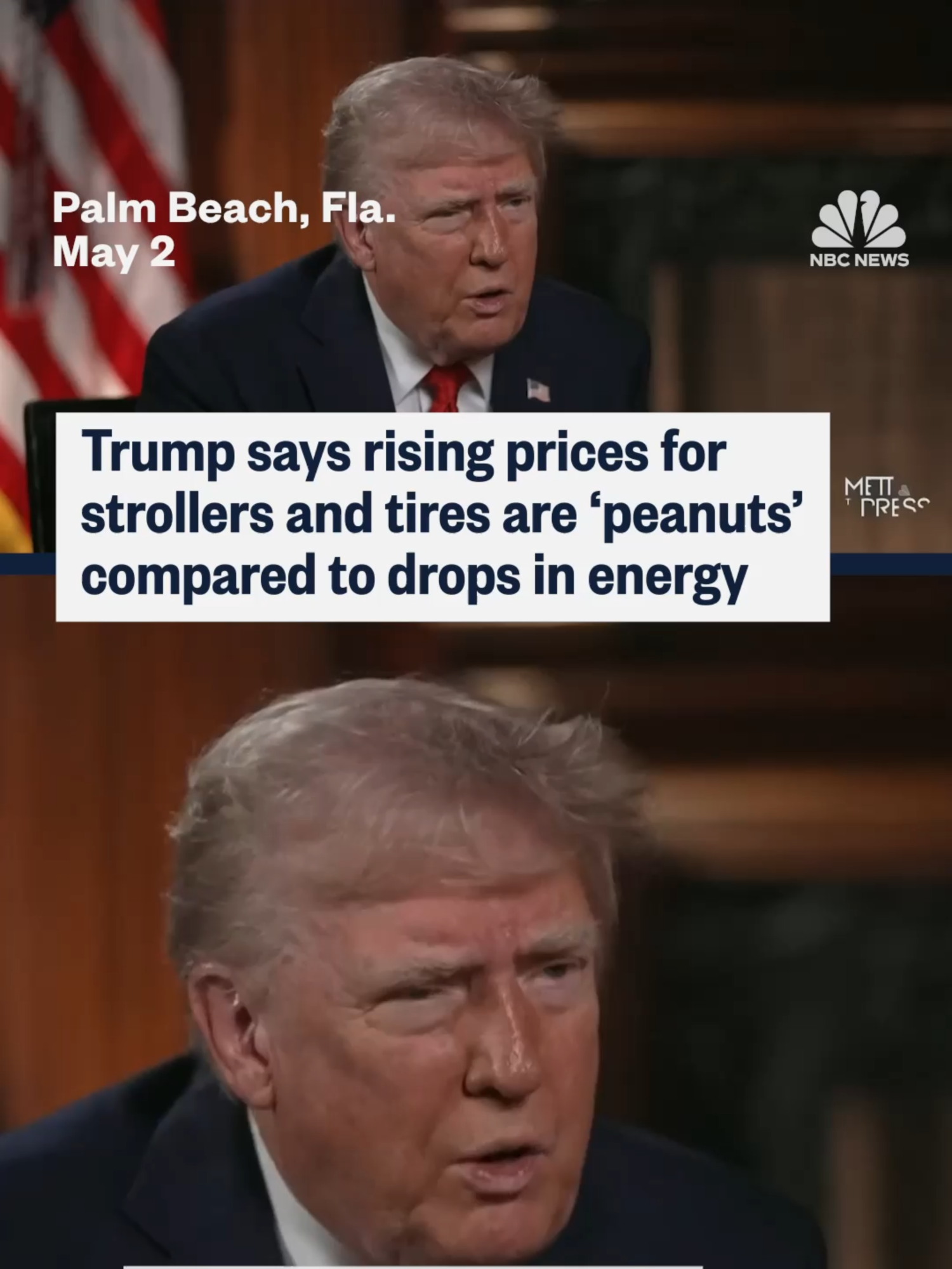 President Donald #Trump says energy and gas prices are “thousands of times more important” than rising costs of strollers and other goods, during an exclusive interview with @meetthepress.