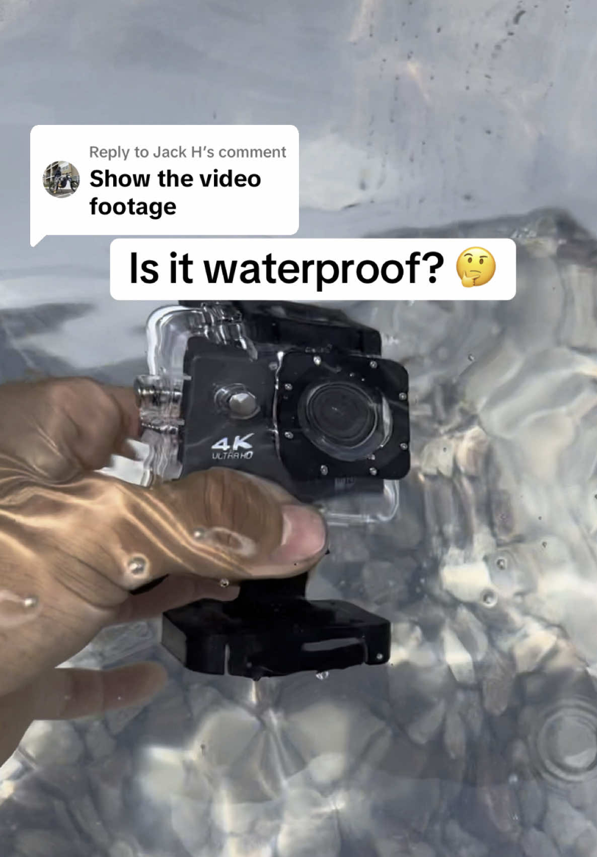 Replying to @Jack H waterproof indeed! Check the upcoming comments for more video footage! This 4K camera is definately worth the 20 buckaroos! ✅ #actioncamera#4kcamera#budgettech#cameragear#4kquality#budgetfriendly#cameratips 