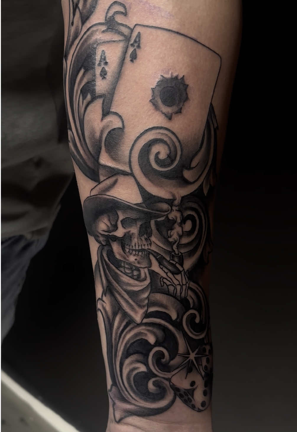 Check it out this western sleeve. We are coming up with more to come this week but check out the first session!  Come, check us out inked kid tattoo studio Indianapolis, IN 46226!  #western #cowboys #skulls #skull #poker #dice #gambling #wildwildwest #bulletproof #bullethole #wranglers #indiana #indianapolis #tattooshop #tattoolover #blackandgreytattoo #follow #hightlights #foryourpage #4u #tiktok #clean #westernstyle #cowboykiller⚡️ #cowboyshit 