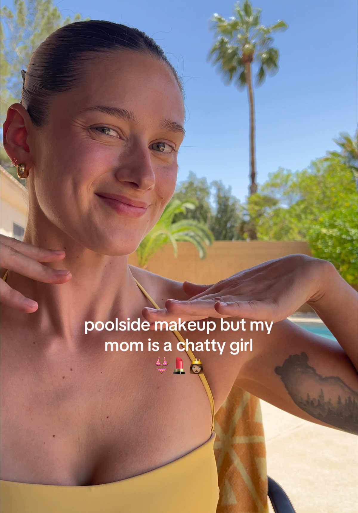 She loves a girly chat and she was definitely confused by my lip stain😂💄 #slickback #pool #makeup #mom #Summer #lipcombo 