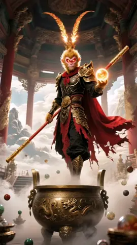 (ซุนหงอคงยืนอยู่บนกระถางยา มือหนึ่งถือลูกแก้วยา) ซุนหงอคง: ลิ้มลองยาอายุวัฒนะ... เม็ดกลมใส ประหลาดล้ำจริงหนอ? 