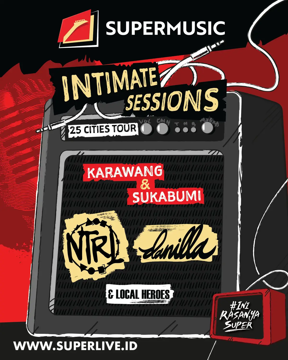 Giliran Karawang dan Sukabumi yang ngerasain serunya Intimate Sessions!  Bakal ada @NTRL OFFICIAL di Karawang dan @DANILLA di Sukabumi yang siap bawa konsep Acoustic Set yang jarang terjadi, ditambah lagi Local Heroes band dan juga visual artist yang bikin lineup makin lengkap.  Masih ada regional lainnya, tungguin aja info berikutnya ya Superfriends!  #INIRASANYASUPER #SUPERLIVE #SUPERMUSIC #INTIMATESESSIONS2025