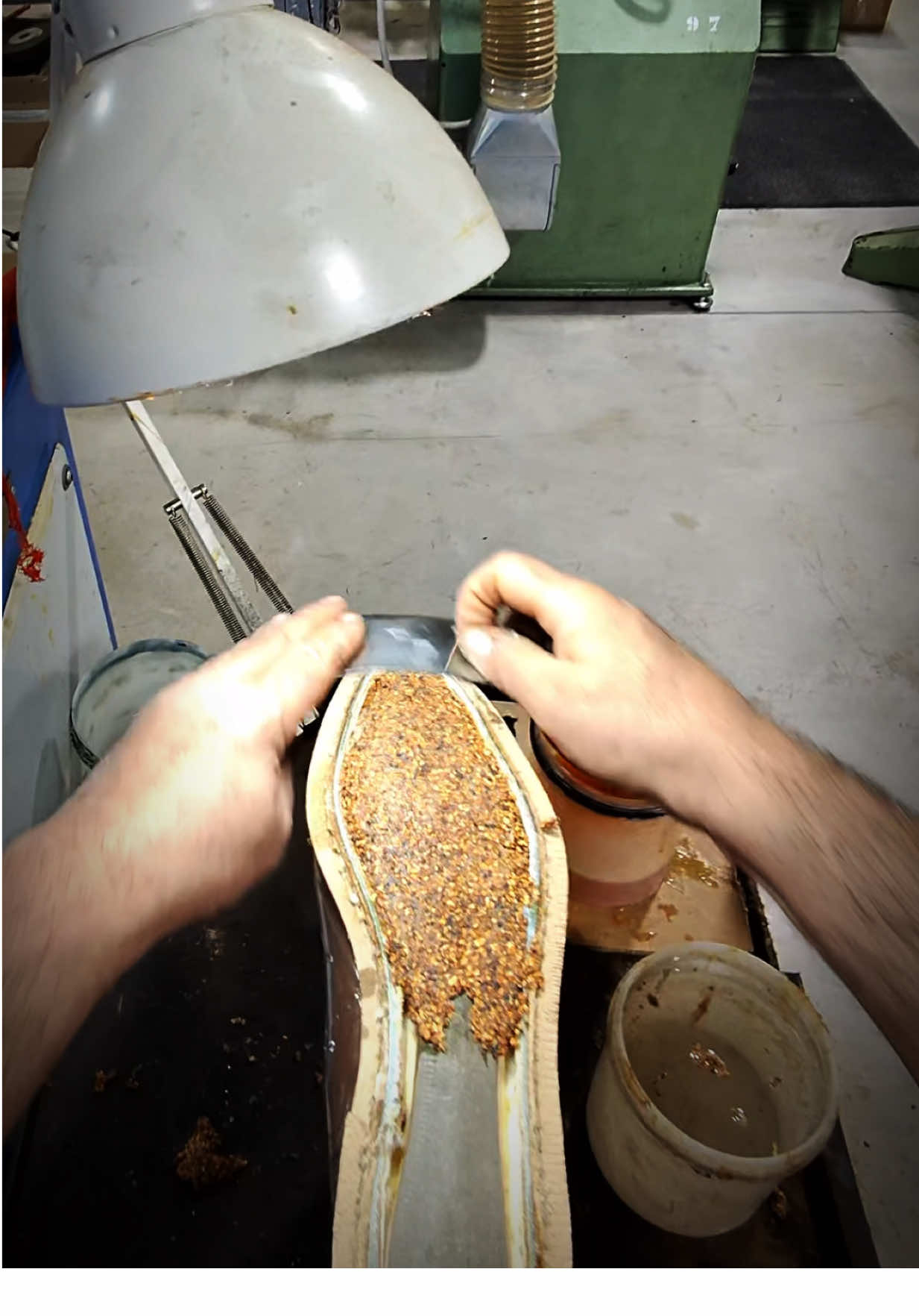 How to fill in the Goodyear welt with cork 👞 #carminashoemaker #carmina #handmade #handcrafted #shoes #leathershoes #hands #pov #customshoes #customservice #fill #goodyear #cork 