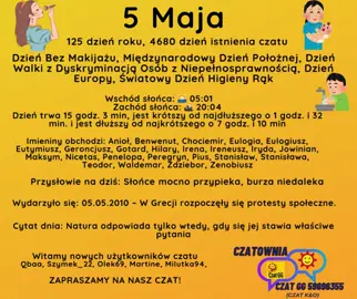 5 Maja 125 dzień roku, 4680 dzień istnienia czatu Dzień Bez Makijażu, Międzynarodowy Dzień Położnej, Dzień Walki z Dyskryminacją Osób z Niepełnosprawnością, Dzień Europy, Światowy Dzień Higieny Rąk Wschód słońca: 🌅 05:01       Zachód słońca: 🌇 20:04 Dzień trwa 15 godz. 3 min, jest krótszy od najdłuższego o 1 godz. i 32 min. i jest dłuższy od najkrótszego o 7 godz. i 10 min Imieniny obchodzi: Anioł, Benwenut, Chociemir, Eulogia, Eulogiusz, Eutymiusz, Geroncjusz, Gotard, Hilary, Irena, Ireneusz, Iryda, Jowinian, Maksym, Nicetas, Penelopa, Peregryn, Pius, Stanisław, Stanisława, Teodor, Waldemar, Zdziebor, Zenobiusz Przysłowie na dziś: Słońce mocno przypieka, burza niedaleka Wydarzyło się: 05.05.2010 – W Grecji rozpoczęły się protesty społeczne. Cytat dnia: Natura odpowiada tylko wtedy, gdy się jej stawia właściwe pytania Witamy nowych użytkowników czatu Qbaa, Szymek_22, Olek69, Martine, Milutka94,  ZAPRASZAMY NA NASZ CZAT!