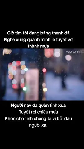 Trời lại làm đông sang mưa tuyết tả tơi Giọt lệ nào không hay, chợt đông trên má Giờ tim tôi đang băng thành đá Nghe xung quanh mình lệ tuyết vỡ thành mưa Người nay đã quên tình xưa Tuyêt rơi chiều mưa Khóc cho tình chúng ta vì bởi đâu người xa.#tamsubuon #tinhyeu #chiatay @Một người đàn ông 