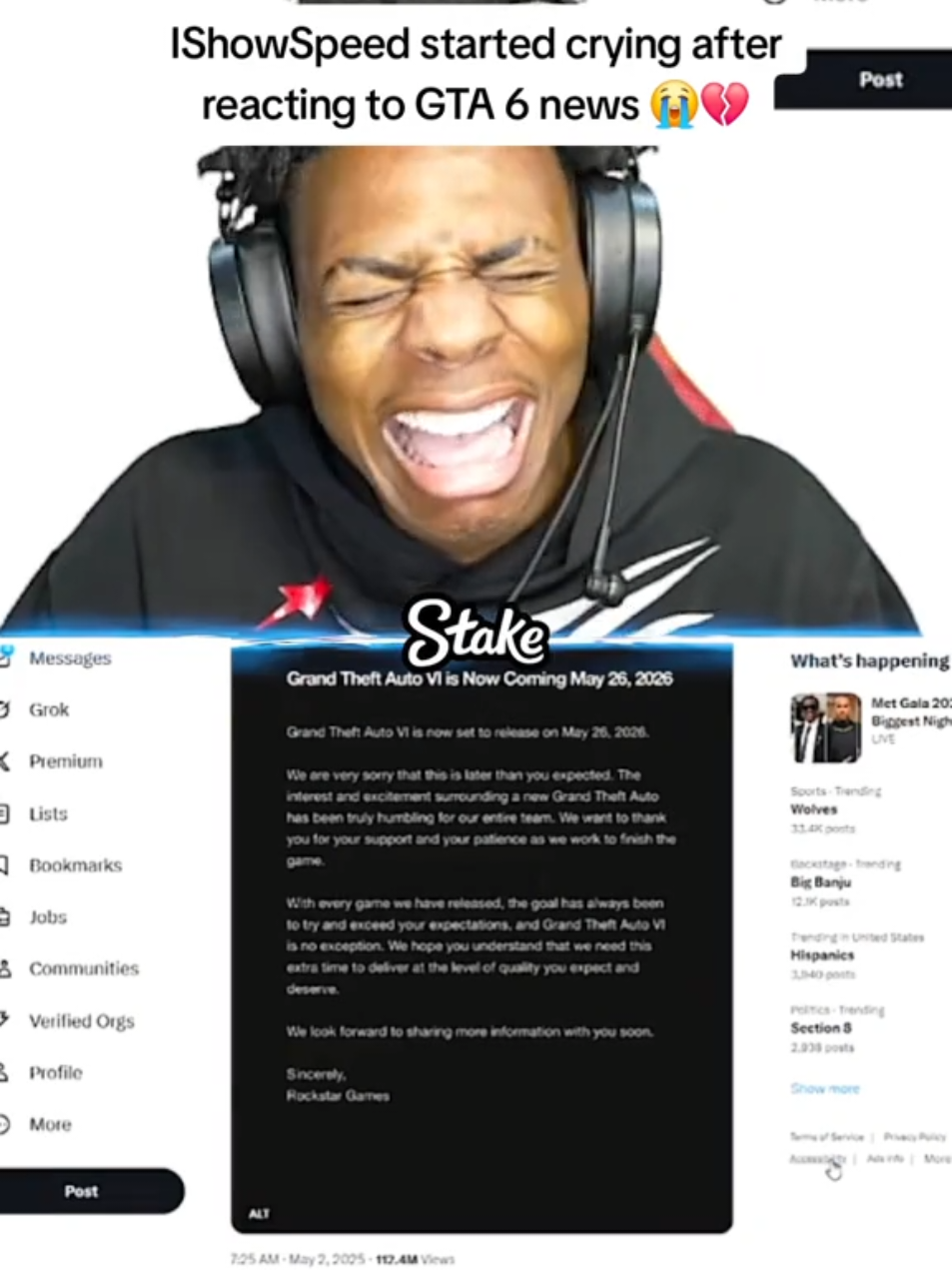 IShowSpeed started crying after reacting to GTA 6 news 😭💔 #ishowspeed #fyp 