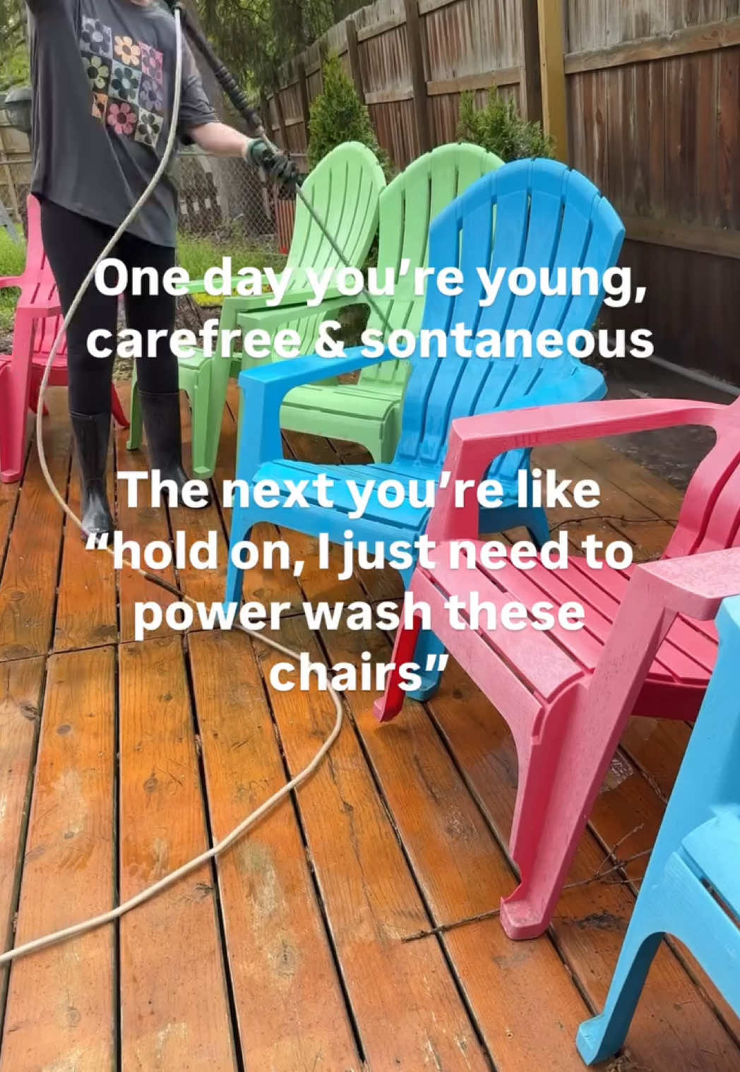 Adulting is getting hyped about power washing lawn furniture (and cringing that your post has a typo that it’s too late to fix) These chairs sat outside all winter and looked rough — like “are they even worth saving?” rough. But once I started blasting off the dirt, I got a little too excited about the potential. They’re not pretty yet, but I think a little spray paint could bring them back. should I paint them black or white to go with the rest of our furniture? Or keep the bright colors? #budgetfriendly #powerwashing #patiofurniturerefresh #doityourself