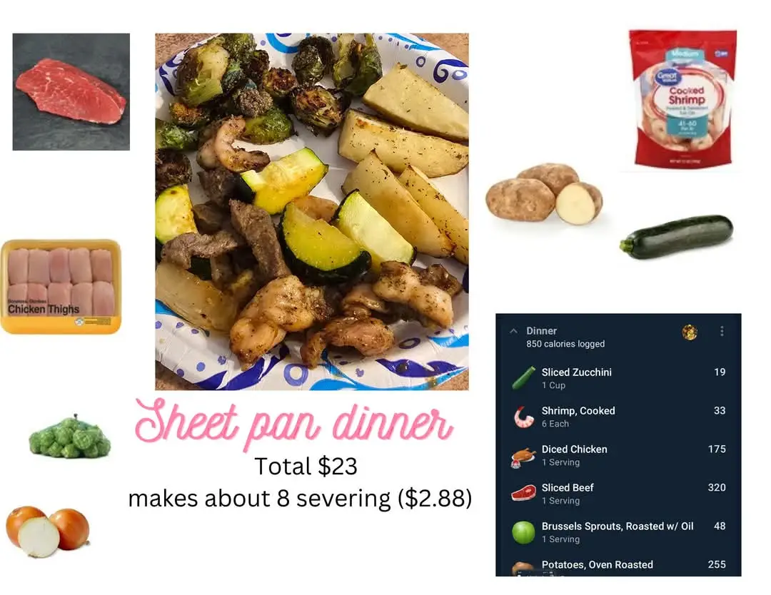 sheet pan chicken shrimp and steak 450 degree for 20 mins or till done Brussels sprouts and potatoes 450 for about 40 mins #dairyfree #glutenfree #sheetpandinner #steak #shrimp #chicken #budgetmeals