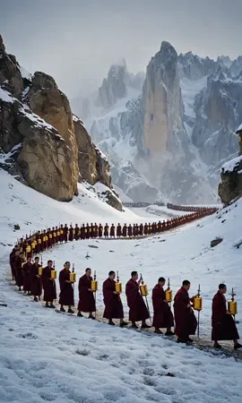 The monks are marching towards the Himalayas to start a devotional pilgrimage.Every footprint is their wish for you in front of the screen#himalayas #Tibet #spritual #nature #prayer #faithful #goodness #us #usa #usa🇺🇸 