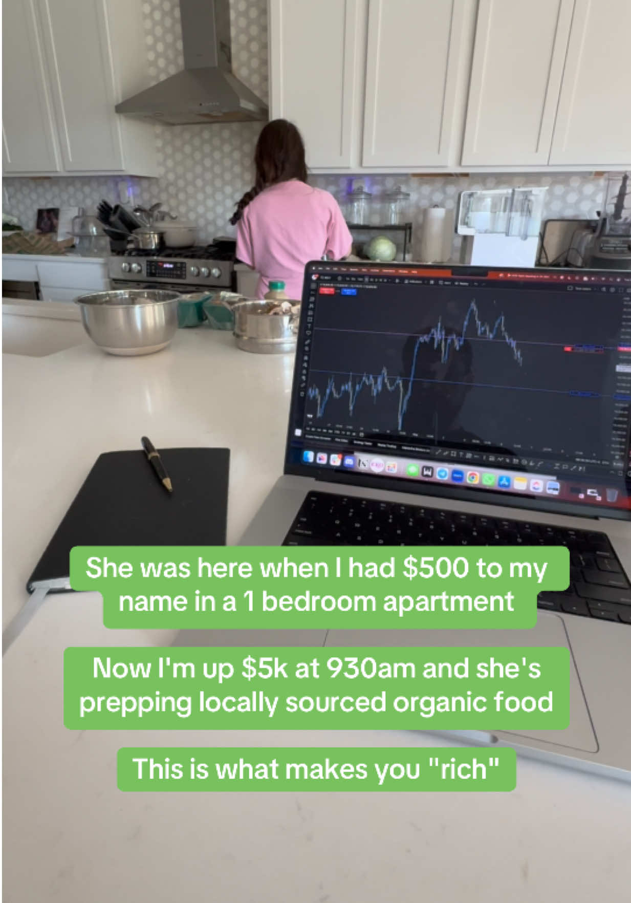 This is what “rich” looks like  I wake up everyday feeling like I hit the lotto. Not when I’m up on a trade or when I drive one of my cars, but in quiet moments like this. Just a few years ago, I was facing prison time.  Broke.  Delivering food on DoorDash to scrape together a few hundred bucks to fund my trading account. We shared a one-bedroom apartment with $500 to our name after bills. The journey from there to here wasn’t overnight.  It wasn’t glamorous.  It was a grind that broke me down before it built me up…but it made me the man I am today. Yes, I have the cars and watches now that people associate with success. But I can tell you with absolute certainty…they don’t compare to this. Building a life with someone who believed in you when nobody else did and winning the game of life Trading changed my financial situation, but gratitude changed my life. If you’re reading this and still in the grind, just keep pushing.  I know it may seem like it will never work, but it will.  You have to believe that.  You have to be thankful for every little thing because without the bad there is no good.  Without the bad you become weak.  The most important thing is to remember what you’re working towards and make sure there is real meaning behind it.  There’s nothing wrong with cars or a lavish lifestyle… But the only way you’ll have the hunger to get it and sustain it long term… Is by having a higher purpose that you constantly remind yourself of.